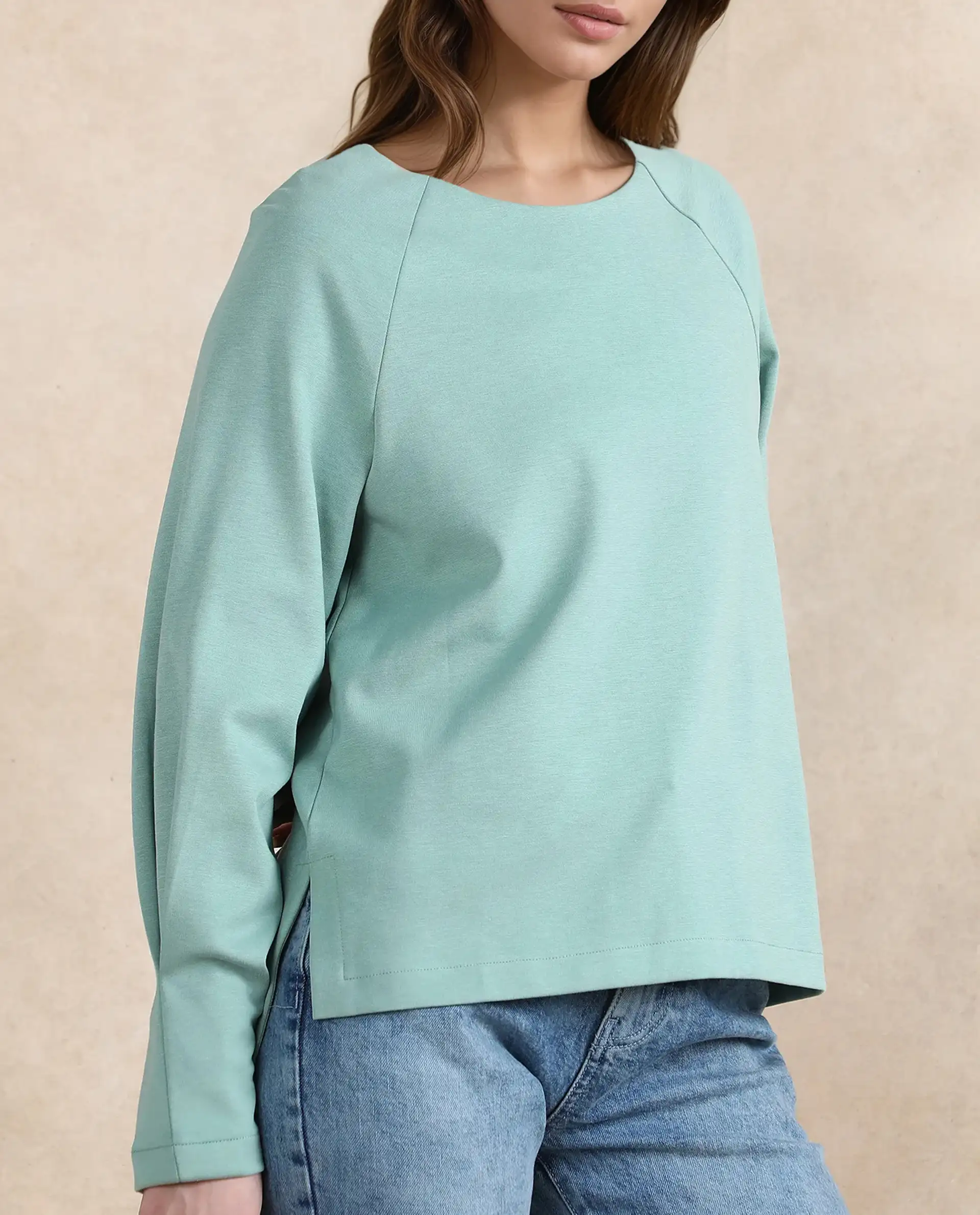 Rareism Women's Men'sto Dusky Green Cotton Blend Crew Neck Plain Relaxed Fit Sweatshirt - Image 2