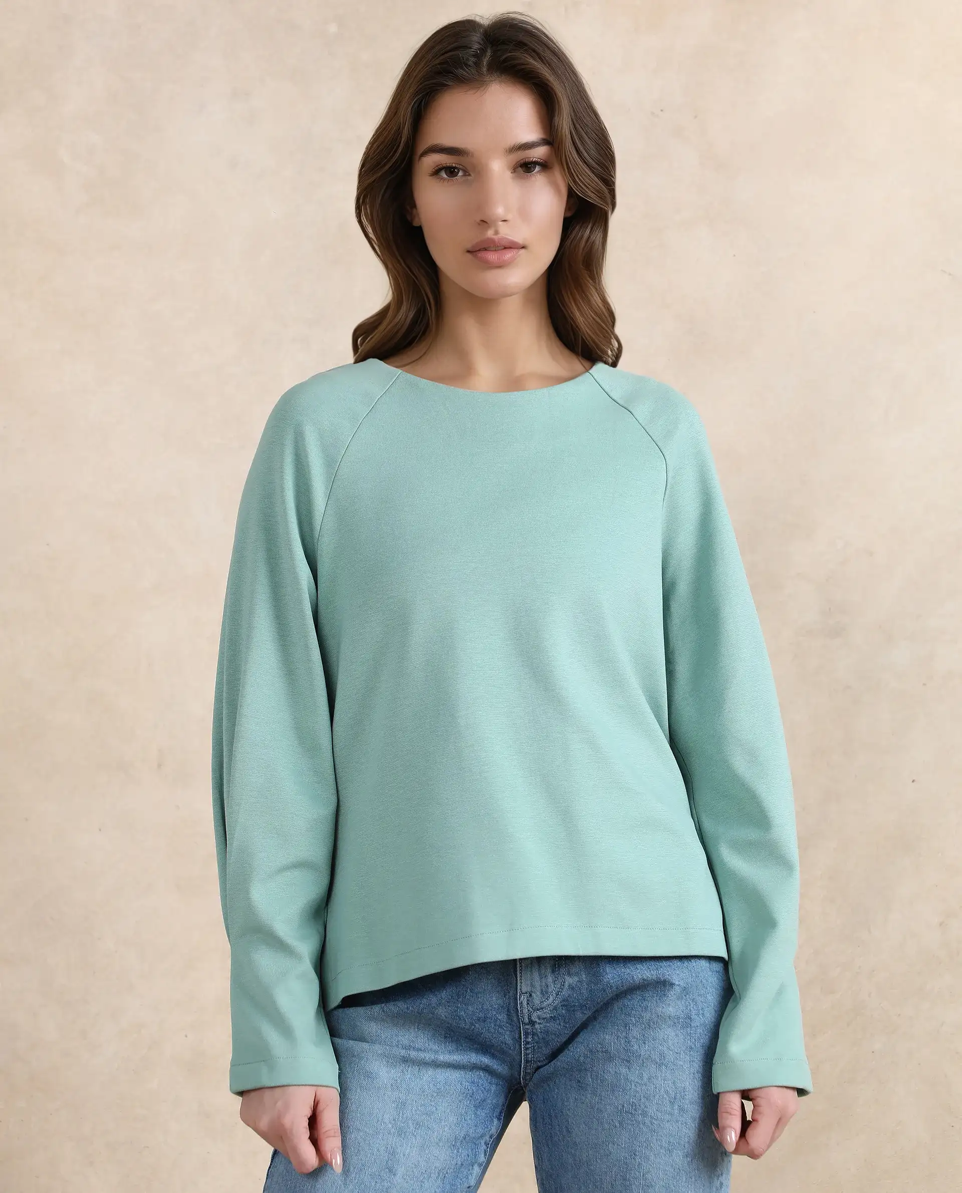 Rareism Women's Men'sto Dusky Green Cotton Blend Crew Neck Plain Relaxed Fit Sweatshirt - Image 4