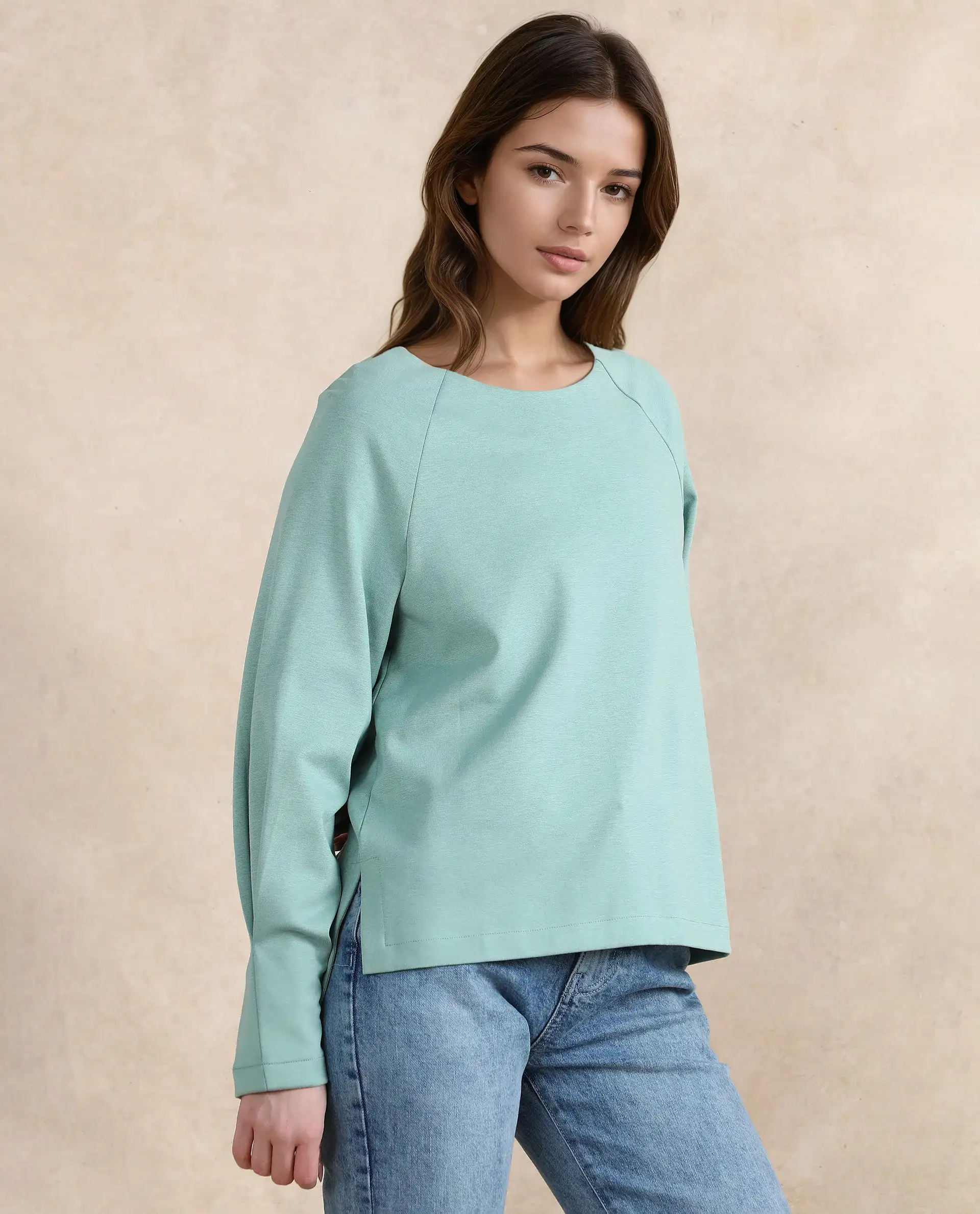 Rareism Women's Men'sto Dusky Green Cotton Blend Crew Neck Plain Relaxed Fit Sweatshirt - Image 6