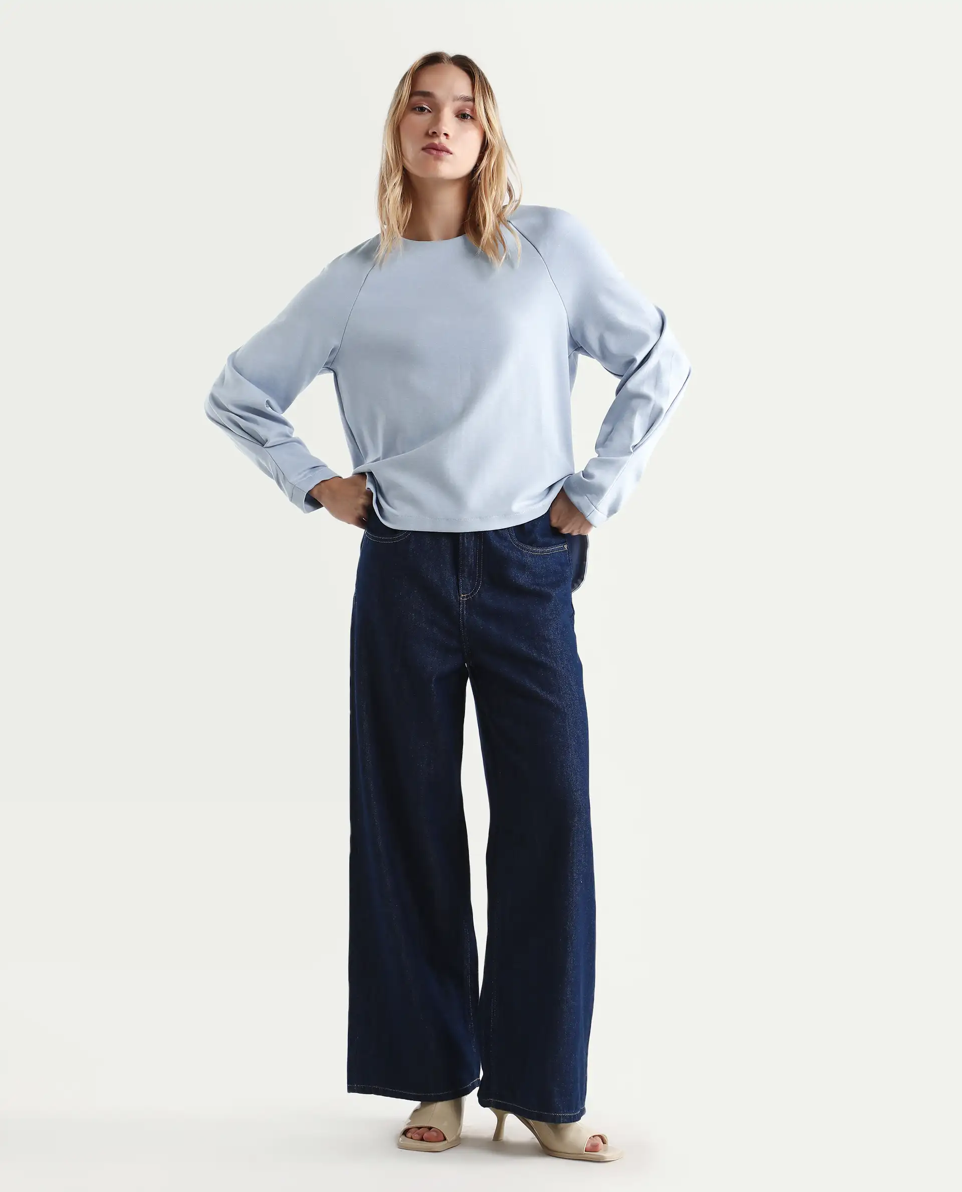 Rareism Women's Men'sto Light Blue Cotton Blend Crew Neck Plain Relaxed Fit Sweatshirt - Image 2