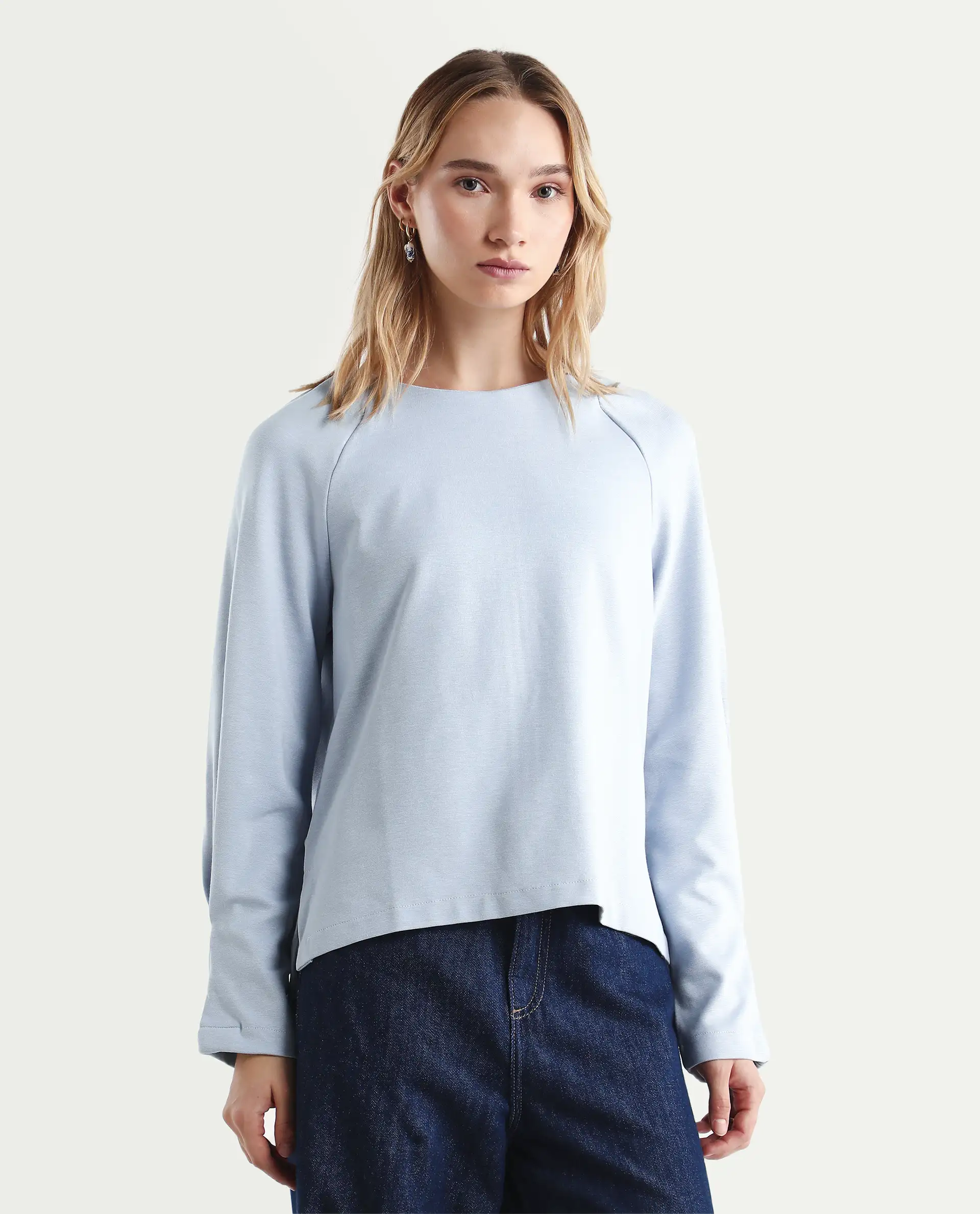 Rareism Women's Men'sto Light Blue Cotton Blend Crew Neck Plain Relaxed Fit Sweatshirt - Image 4