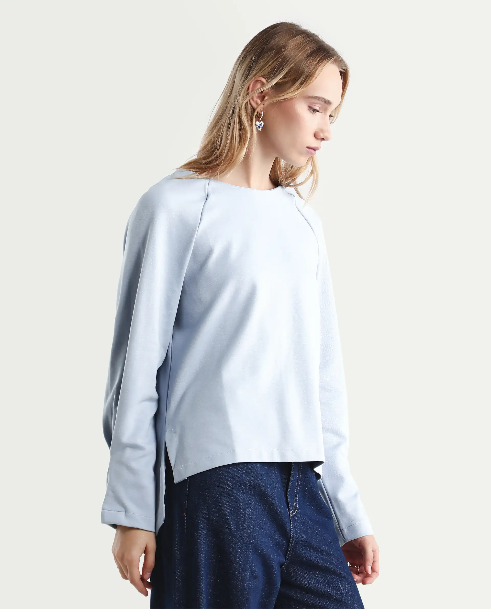 Rareism Women's Men'sto Light Blue Cotton Blend Crew Neck Plain Relaxed Fit Sweatshirt - Image 6