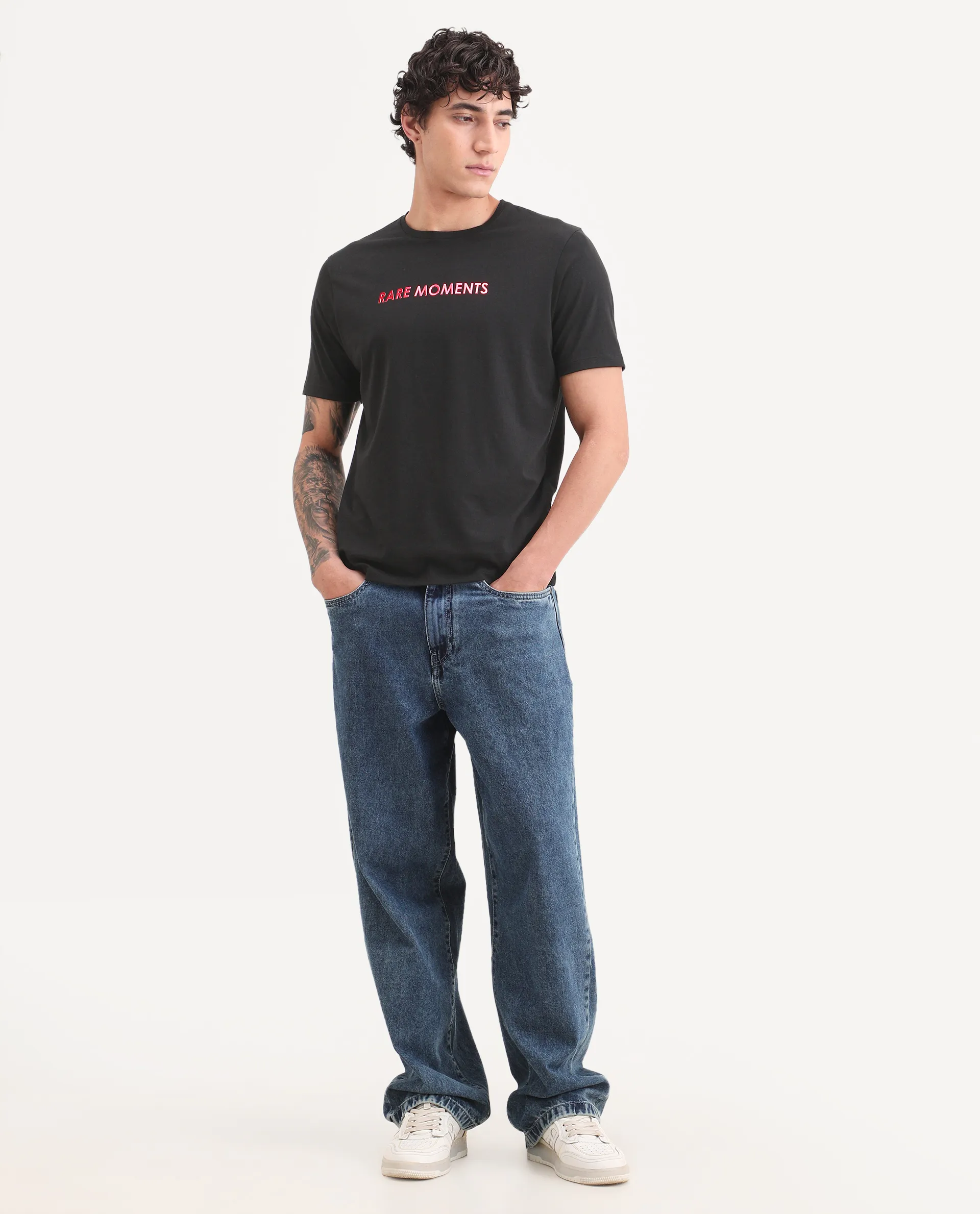 Rare Rabbit Men's Ments Black Cotton Blend Fabric Half Sleeve Crew Neck Regular Fit Graphic Print T-Shirt - Image 2