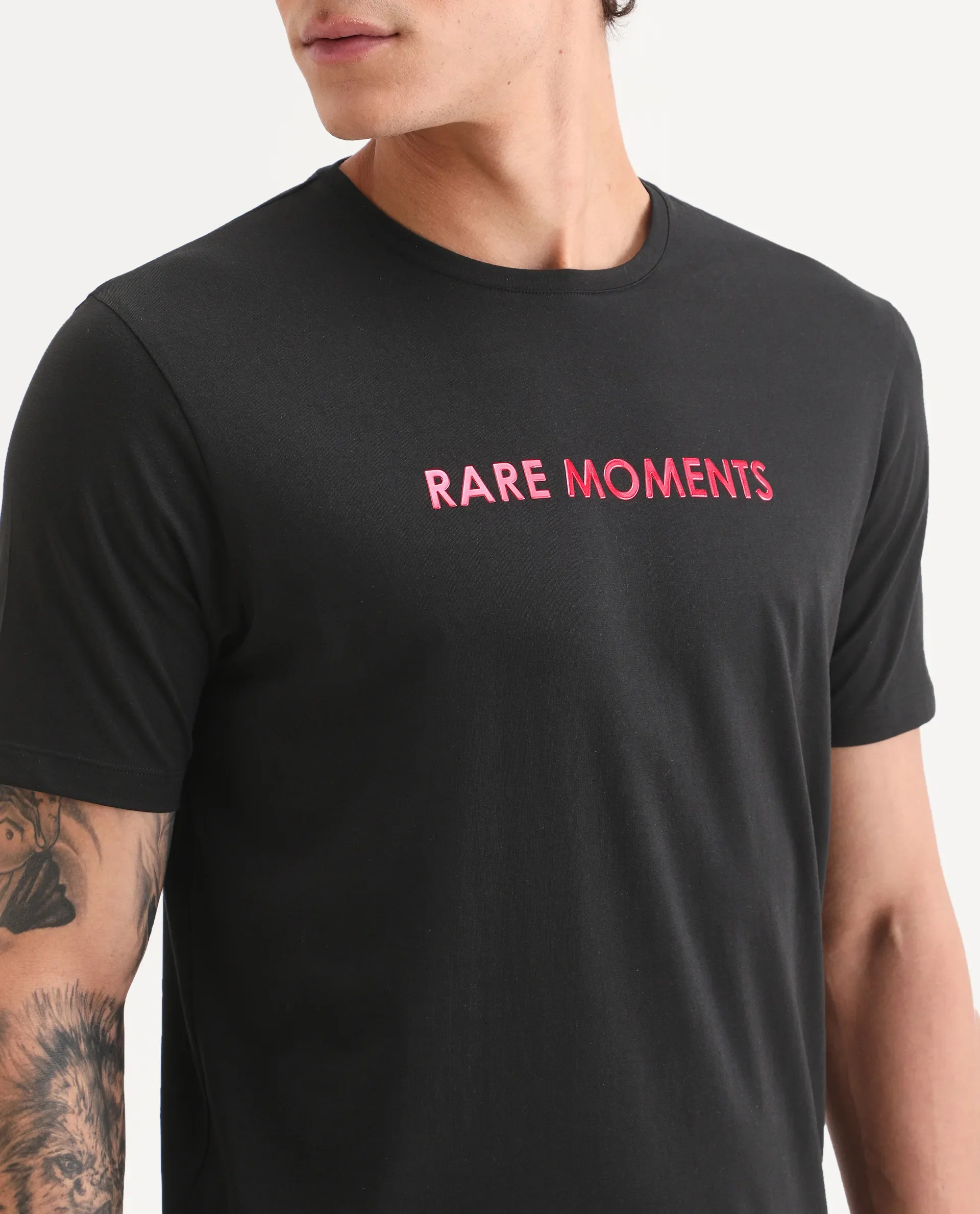 Rare Rabbit Men's Ments Black Cotton Blend Fabric Half Sleeve Crew Neck Regular Fit Graphic Print T-Shirt - Image 3
