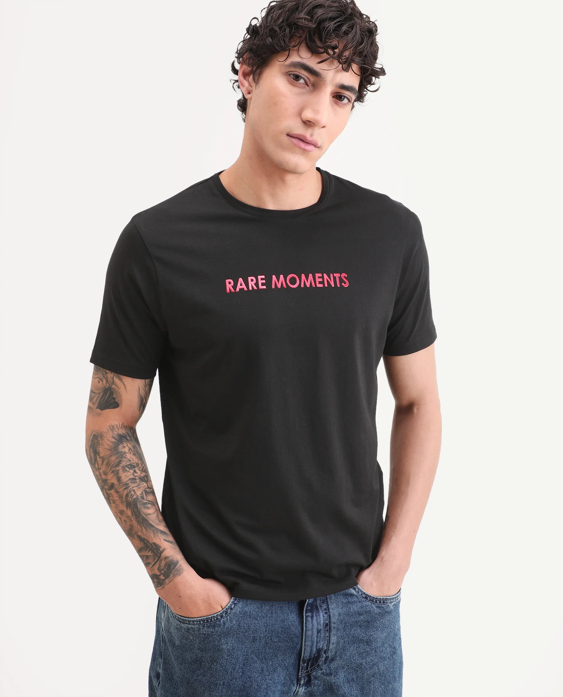 Rare Rabbit Men's Ments Black Cotton Blend Fabric Half Sleeve Crew Neck Regular Fit Graphic Print T-Shirt - Image 4