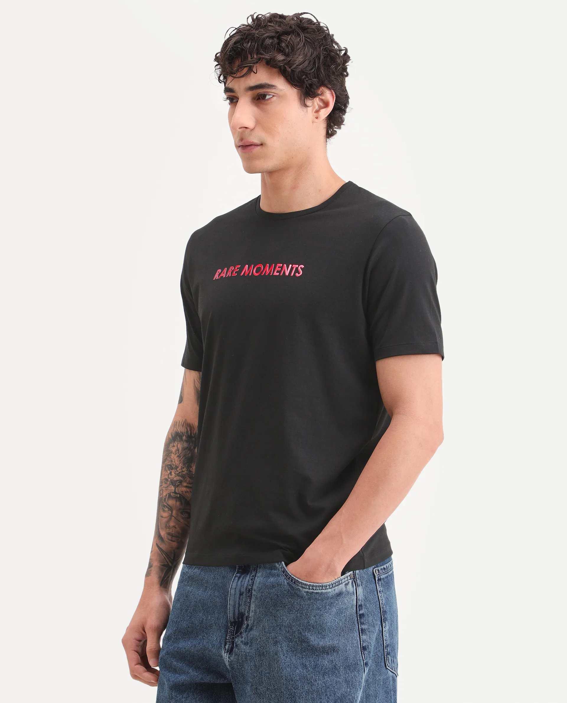 Rare Rabbit Men's Ments Black Cotton Blend Fabric Half Sleeve Crew Neck Regular Fit Graphic Print T-Shirt - Image 5