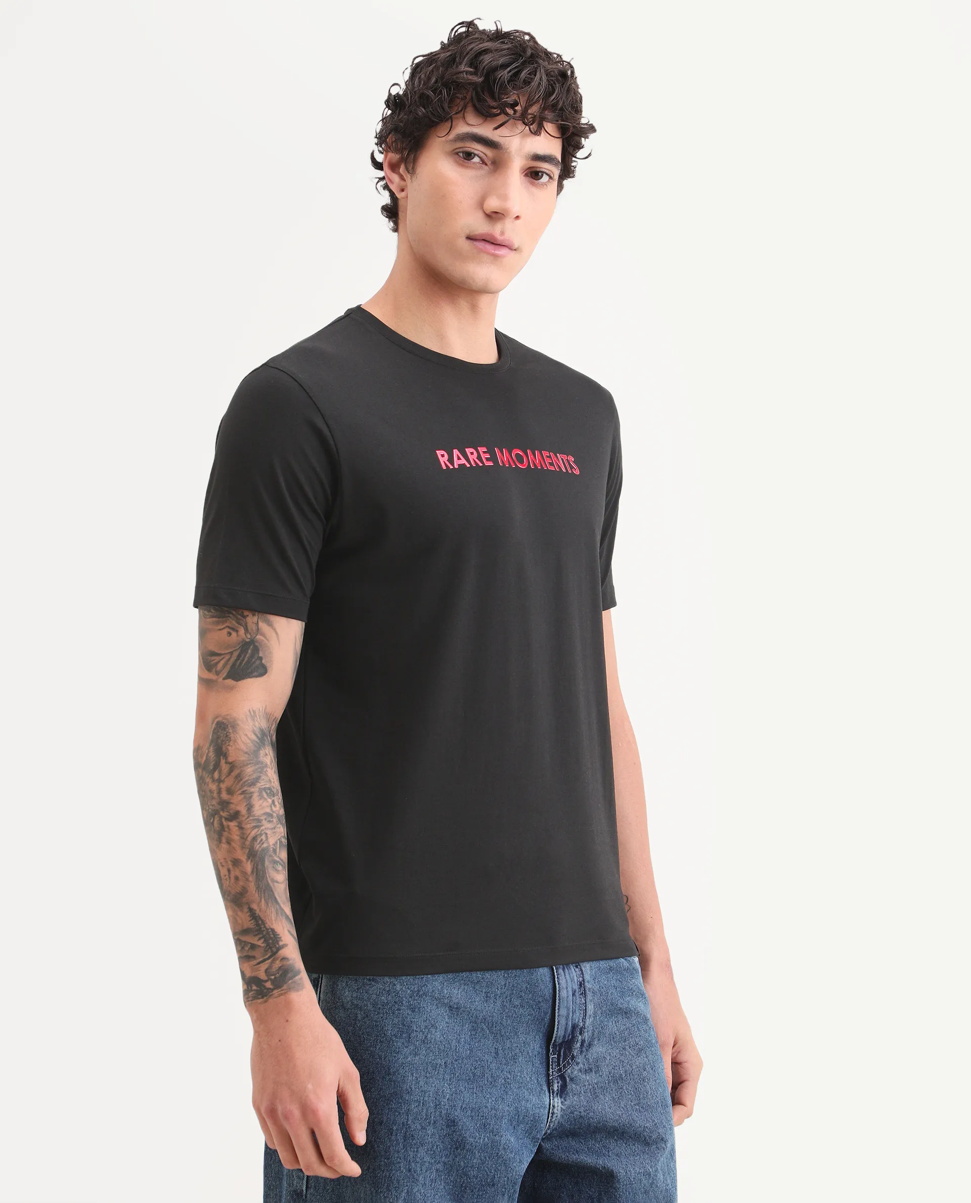 Rare Rabbit Men's Ments Black Cotton Blend Fabric Half Sleeve Crew Neck Regular Fit Graphic Print T-Shirt - Image 6