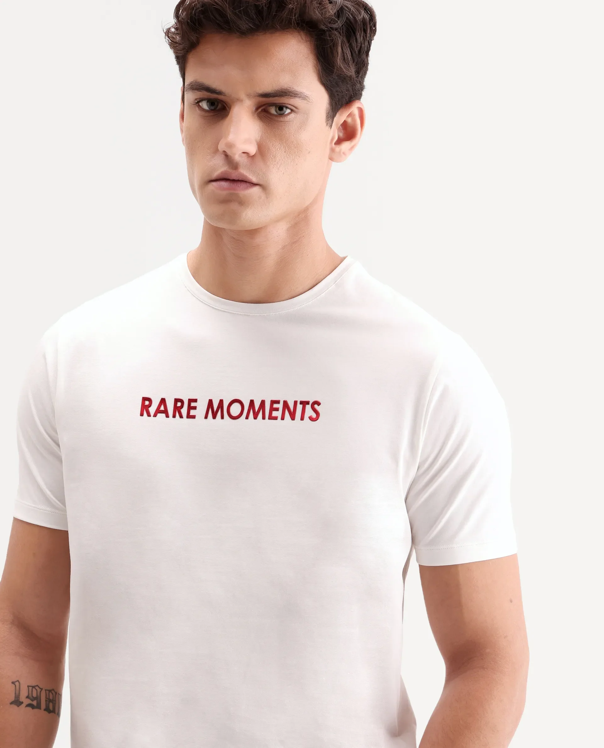 Rare Rabbit Men's Ments Off White Cotton Blend Fabric Half Sleeve Crew Neck Regular Fit Graphic Print T-Shirt - Image 3