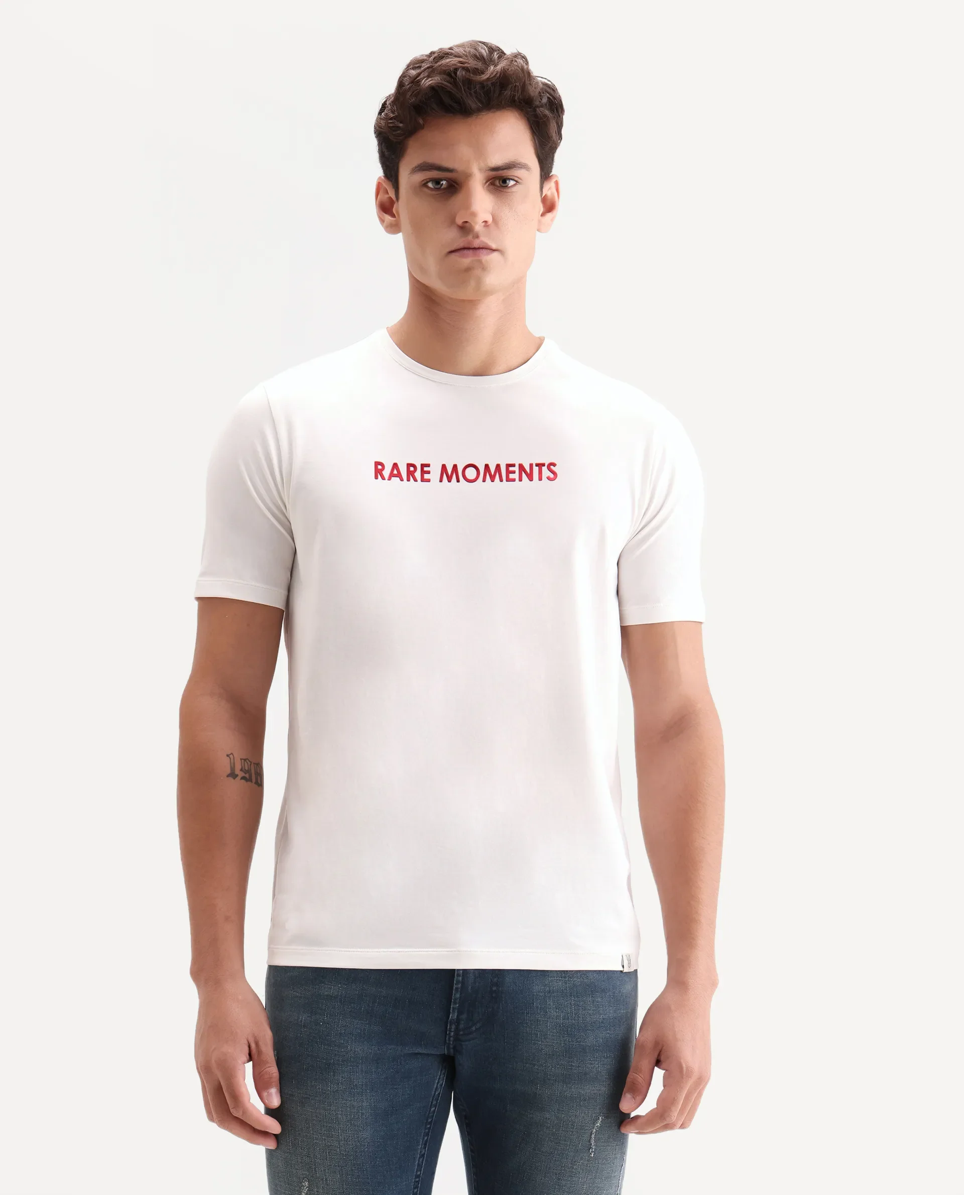 Rare Rabbit Men's Ments Off White Cotton Blend Fabric Half Sleeve Crew Neck Regular Fit Graphic Print T-Shirt - Image 4