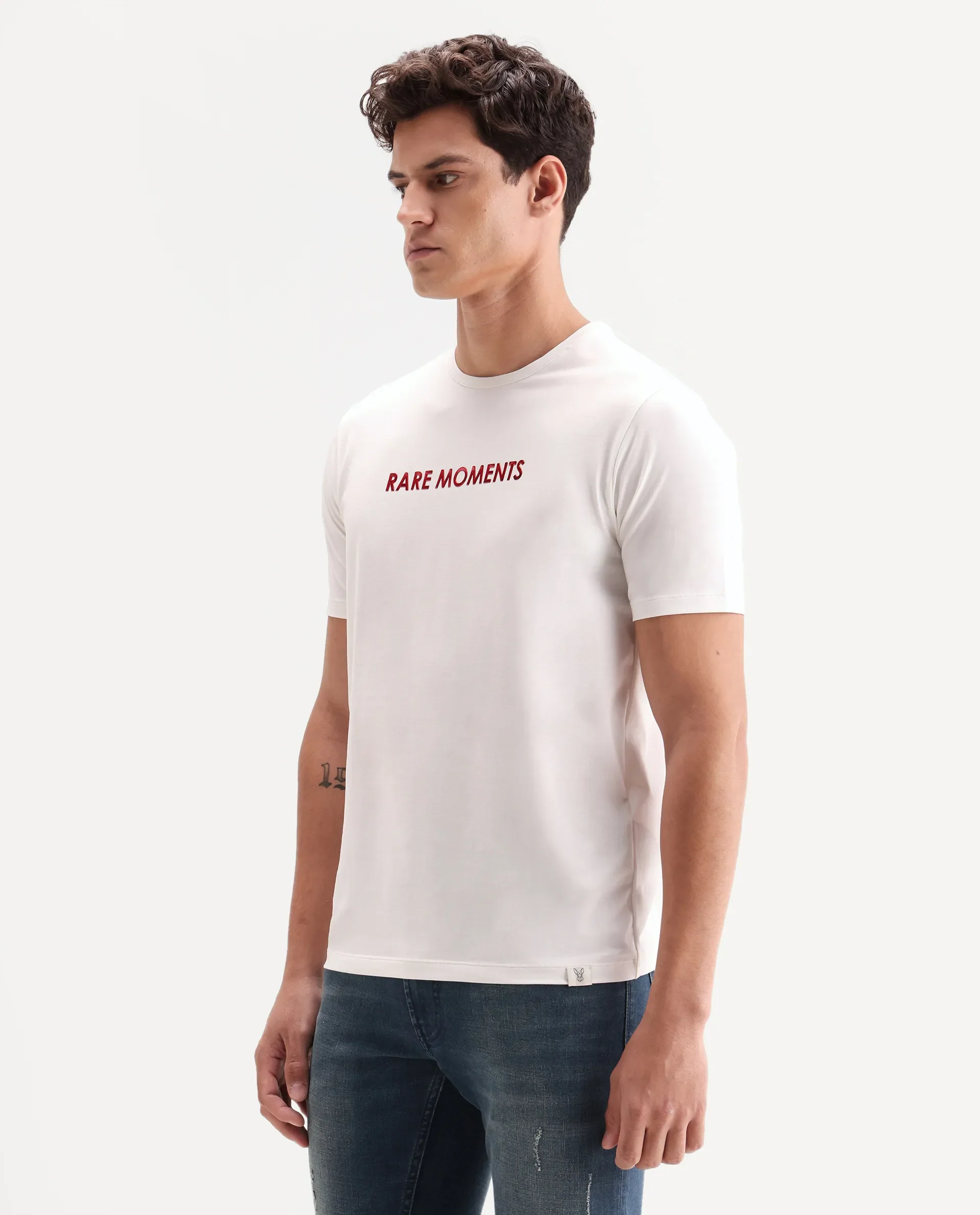 Rare Rabbit Men's Ments Off White Cotton Blend Fabric Half Sleeve Crew Neck Regular Fit Graphic Print T-Shirt - Image 5