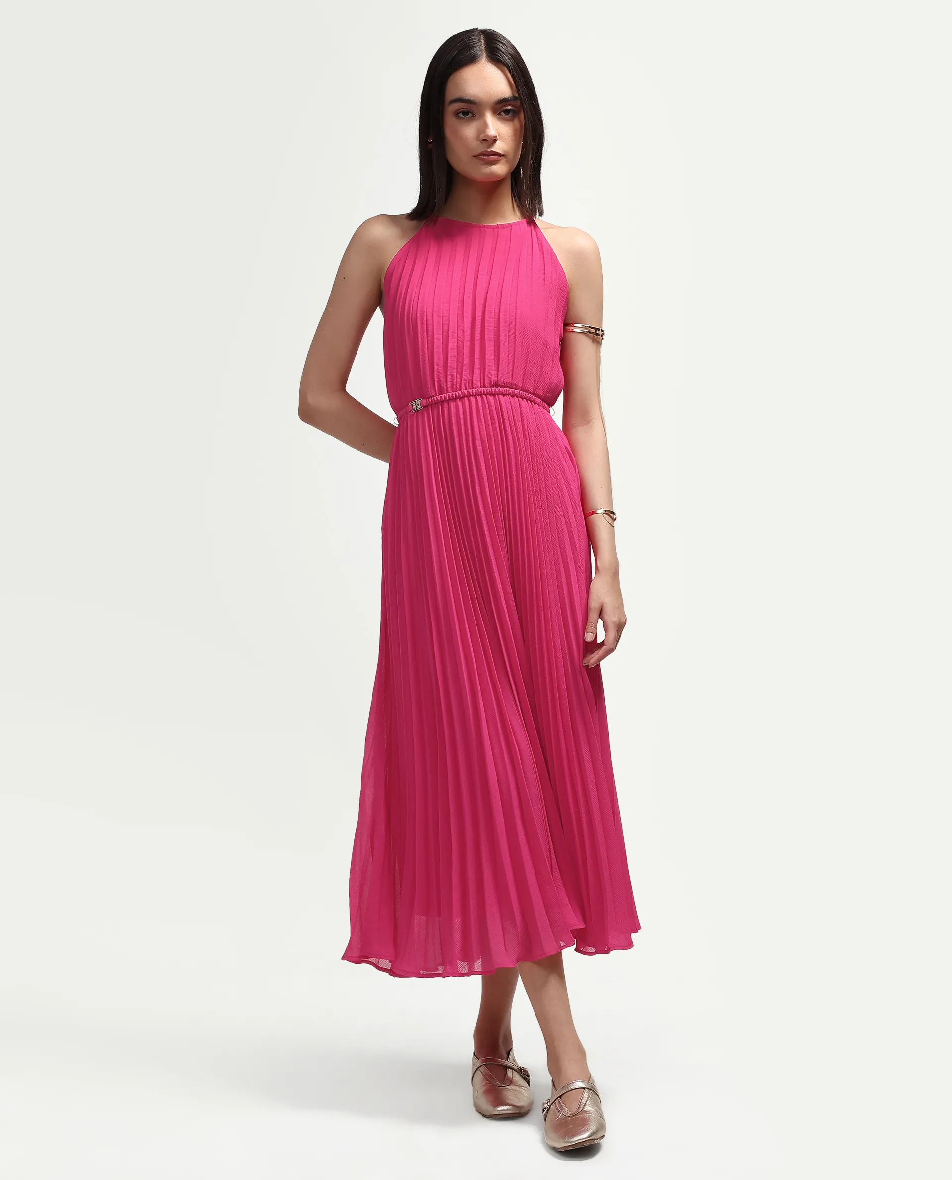 Rareism Women's Meplet Pink Polyester Sleeveless Halter Neck A-Line Dress - Image 2