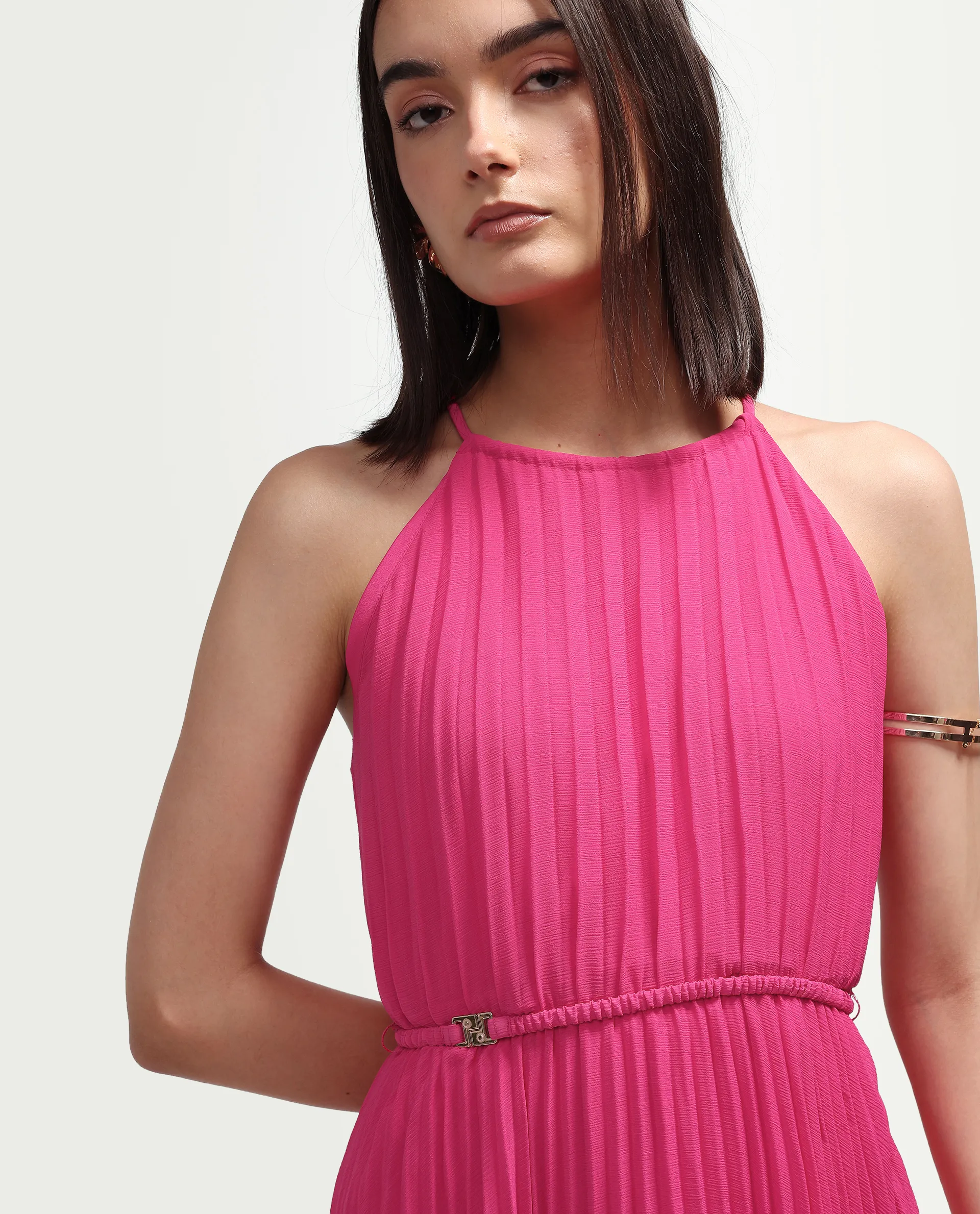 Rareism Women's Meplet Pink Polyester Sleeveless Halter Neck A-Line Dress - Image 4