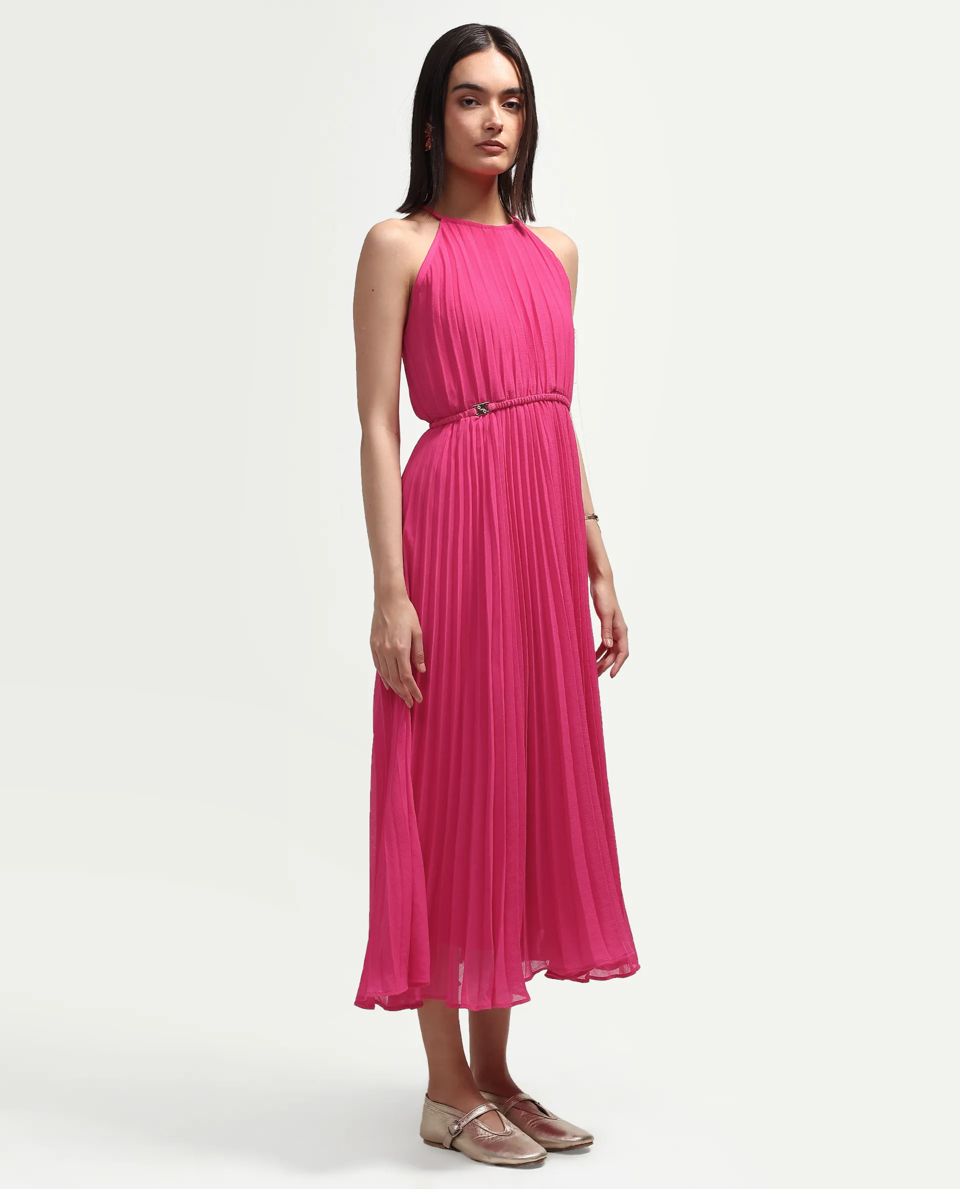 Rareism Women's Meplet Pink Polyester Sleeveless Halter Neck A-Line Dress - Image 5