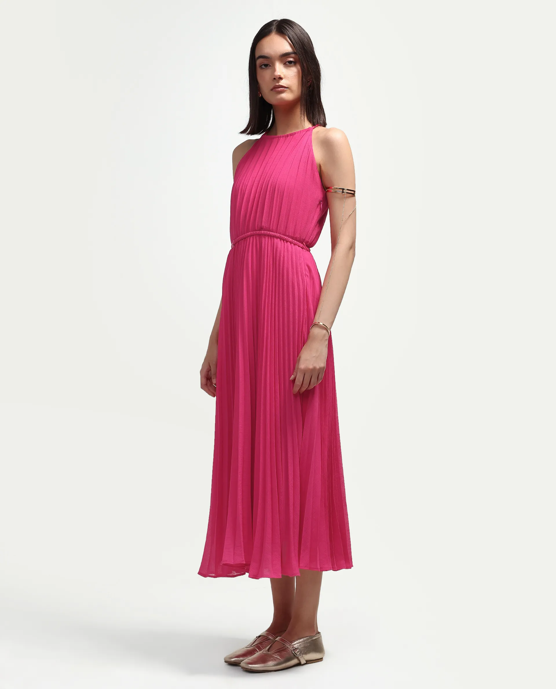 Rareism Women's Meplet Pink Polyester Sleeveless Halter Neck A-Line Dress - Image 6
