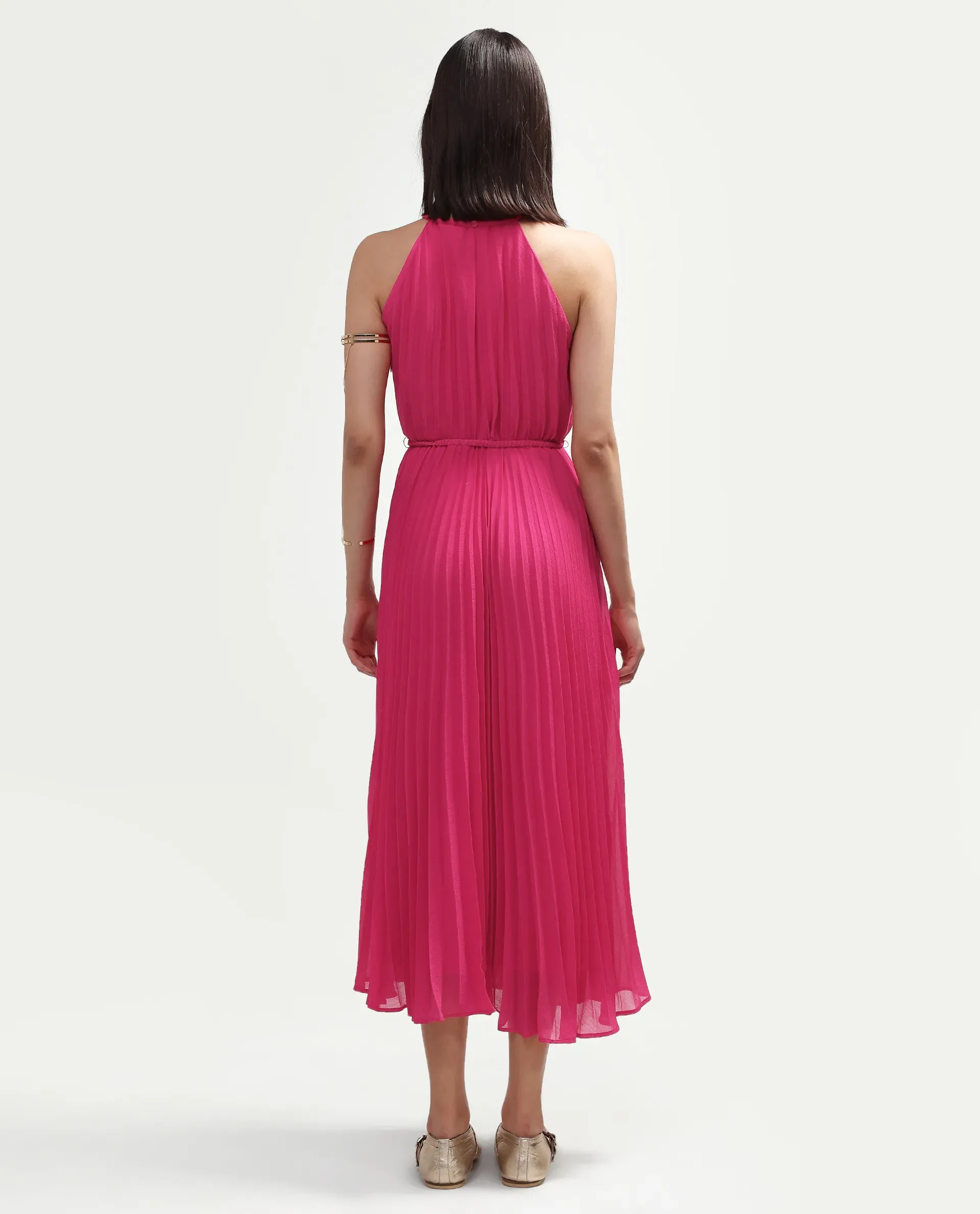 Rareism Women's Meplet Pink Polyester Sleeveless Halter Neck A-Line Dress - Image 7
