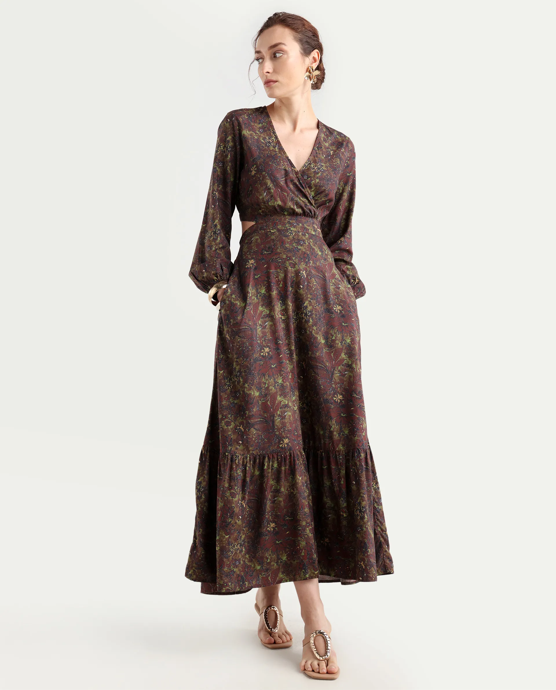 Rareism Women's Meppo Multi Viscose Overlap Neck Floral Print Bishop Sleeve Maxi Fit And Flare Dress