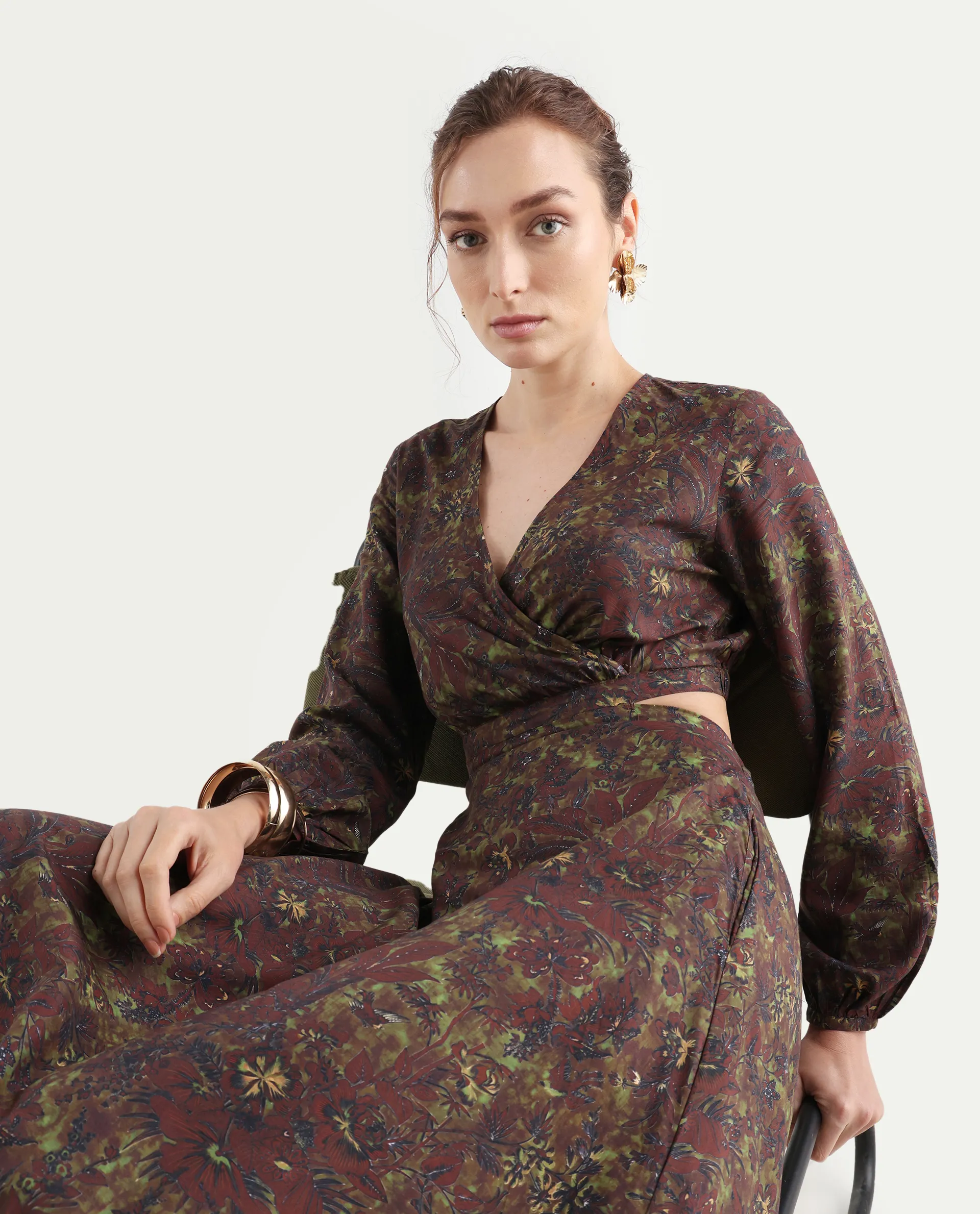 Rareism Women's Meppo Multi Viscose Overlap Neck Floral Print Bishop Sleeve Maxi Fit And Flare Dress - Image 2