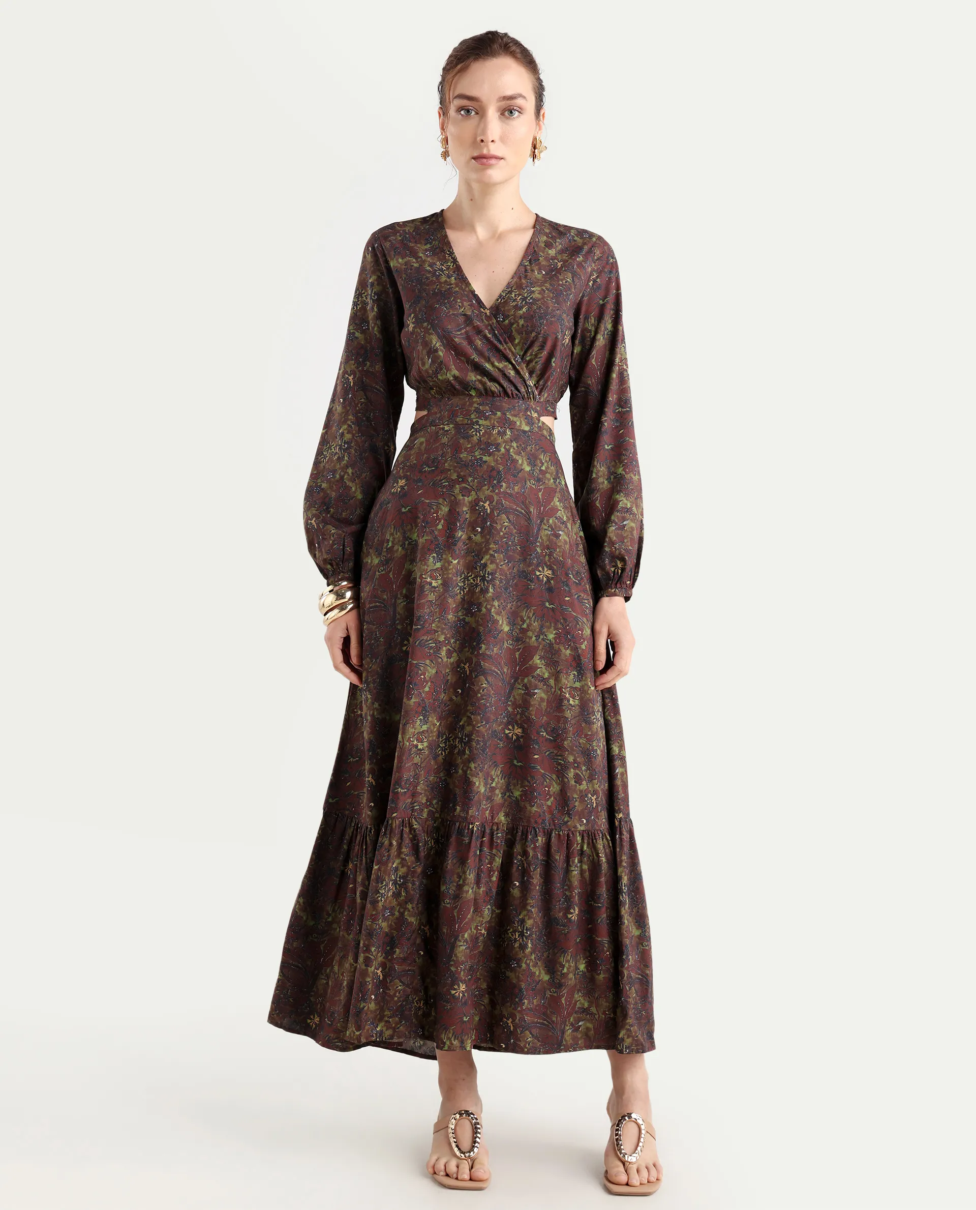 Rareism Women's Meppo Multi Viscose Overlap Neck Floral Print Bishop Sleeve Maxi Fit And Flare Dress - Image 3
