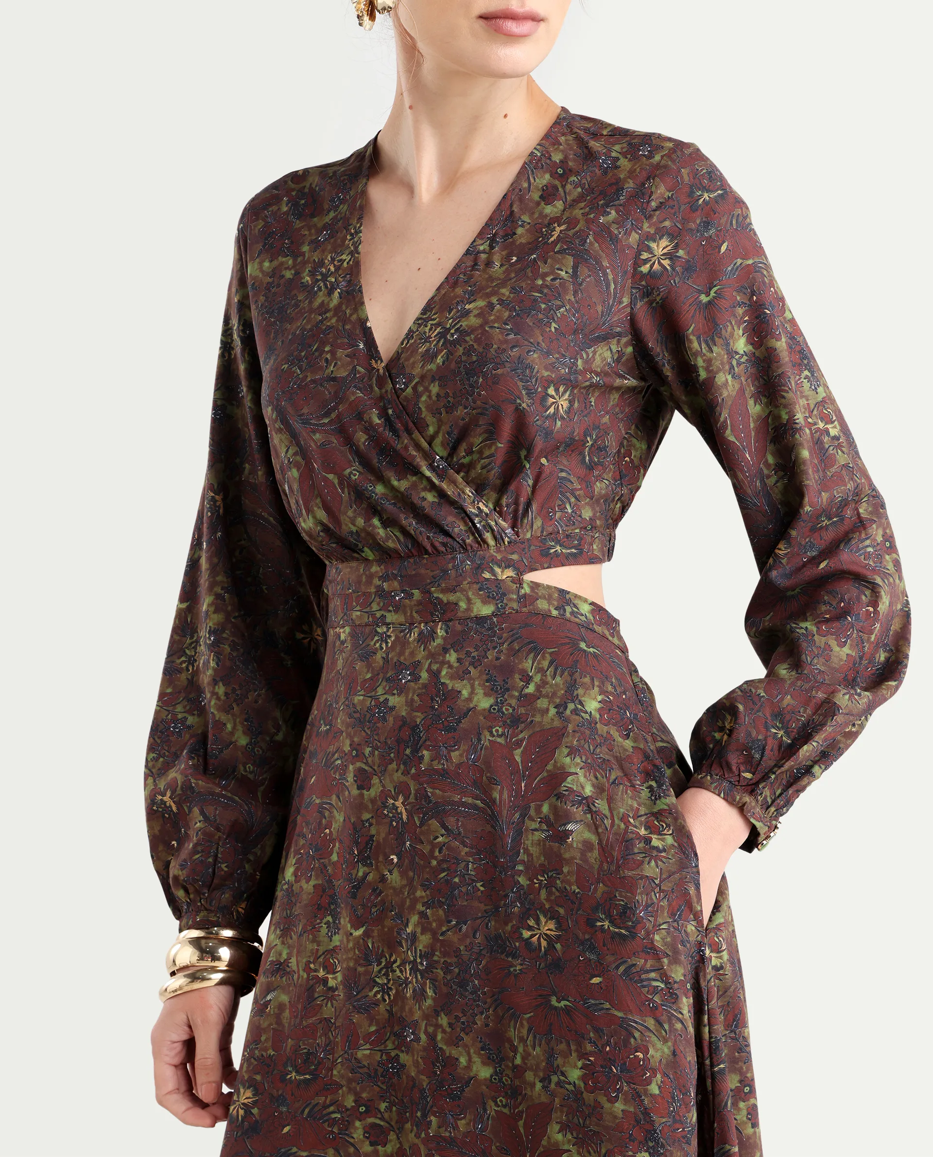 Rareism Women's Meppo Multi Viscose Overlap Neck Floral Print Bishop Sleeve Maxi Fit And Flare Dress - Image 4
