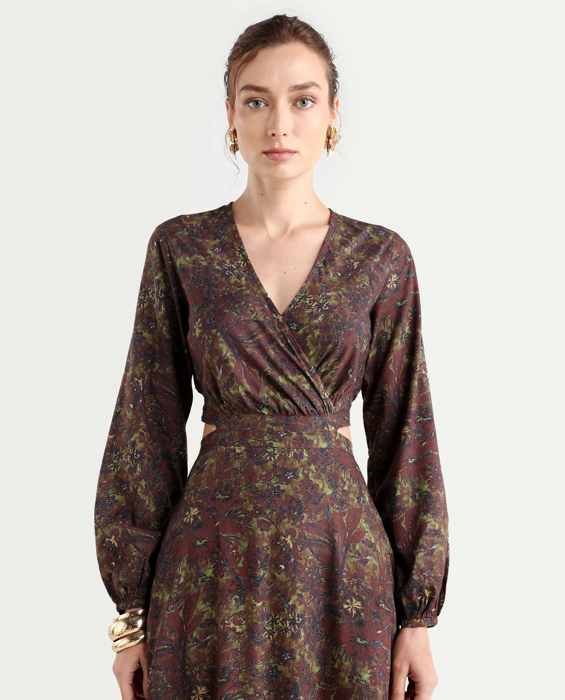 Rareism Women's Meppo Multi Viscose Overlap Neck Floral Print Bishop Sleeve Maxi Fit And Flare Dress - Image 5
