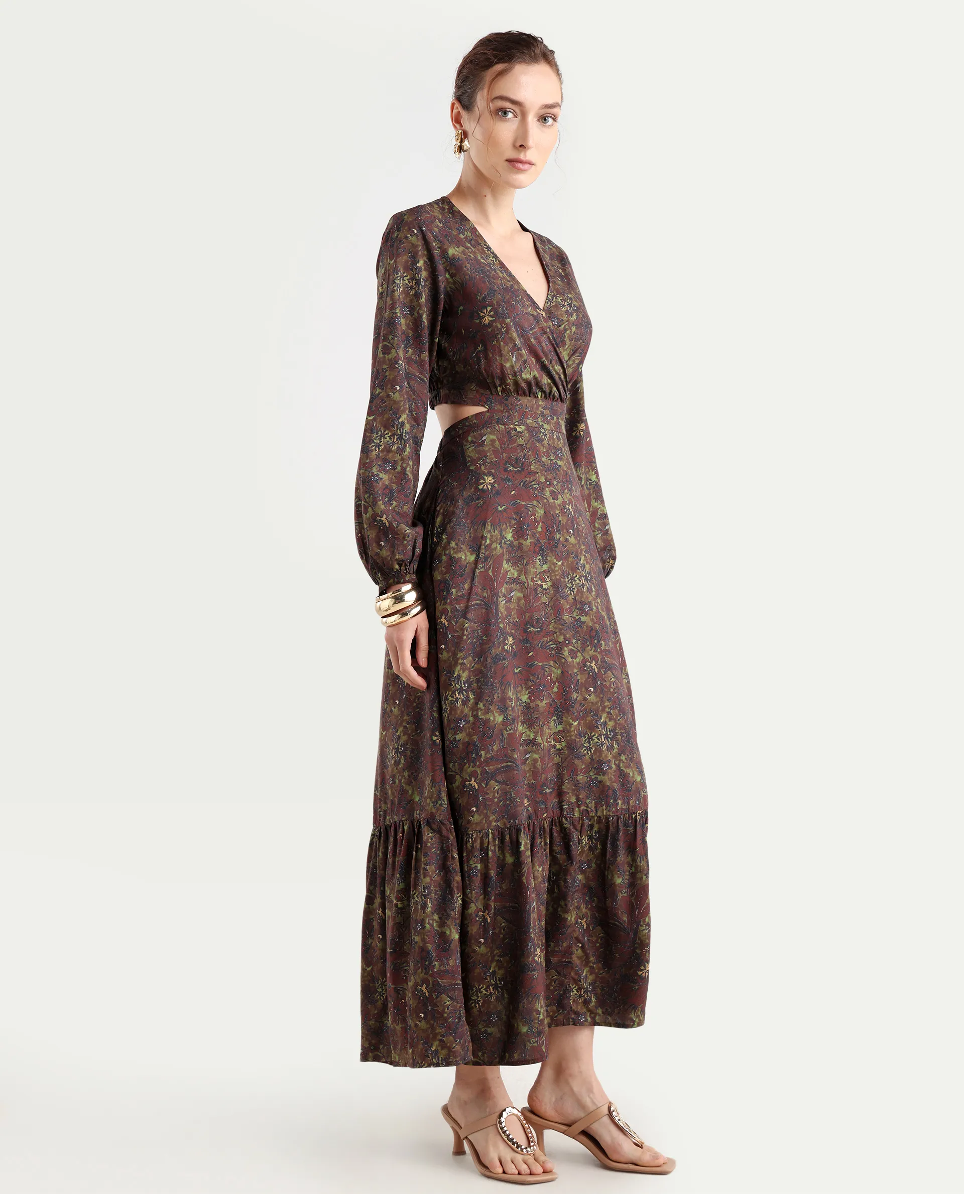 Rareism Women's Meppo Multi Viscose Overlap Neck Floral Print Bishop Sleeve Maxi Fit And Flare Dress - Image 7