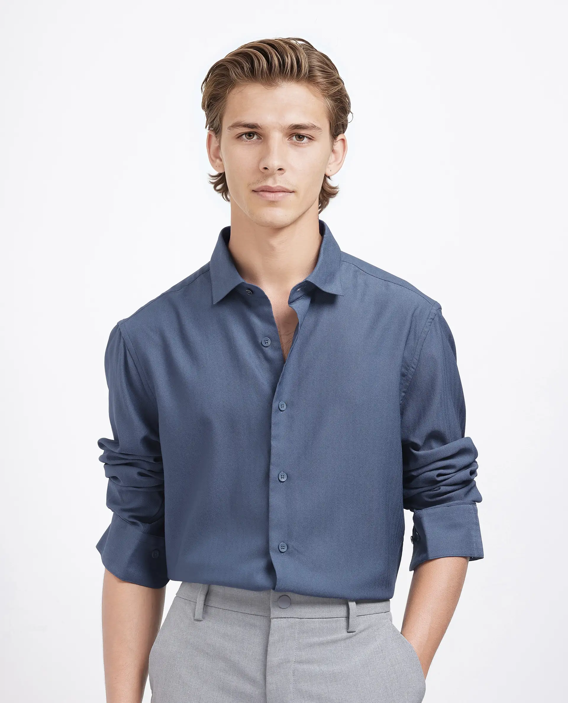 Rare Rabbit Men's Mer-25 Dusky Blue Viscose Blend Textured Regular Fit Full Sleeve Collared Shirt