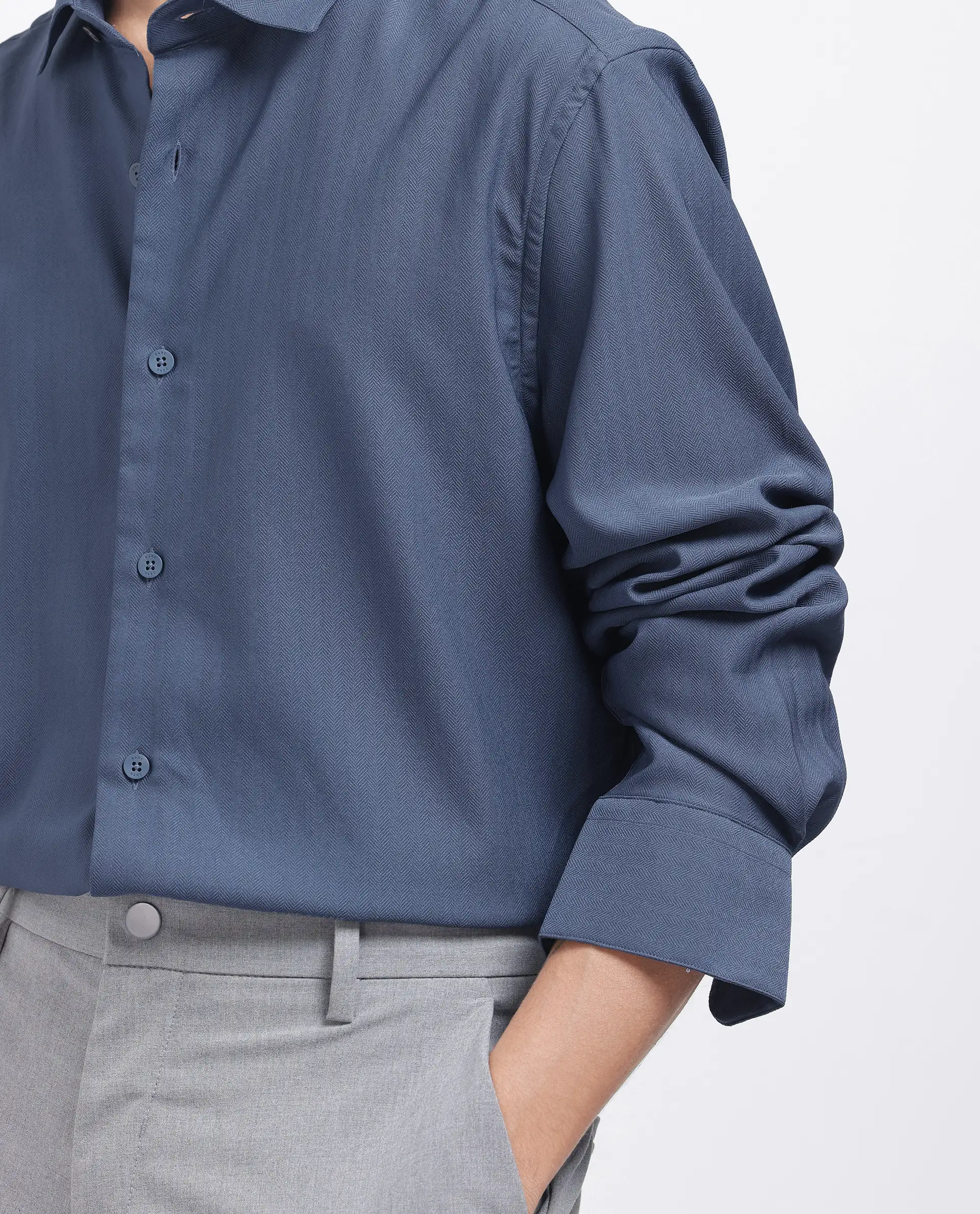 Rare Rabbit Men's Mer-25 Dusky Blue Viscose Blend Textured Regular Fit Full Sleeve Collared Shirt - Image 3