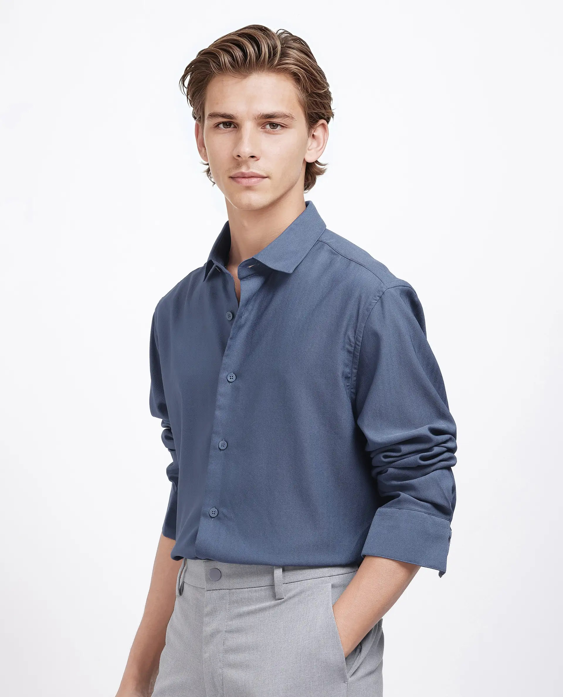 Rare Rabbit Men's Mer-25 Dusky Blue Viscose Blend Textured Regular Fit Full Sleeve Collared Shirt - Image 5
