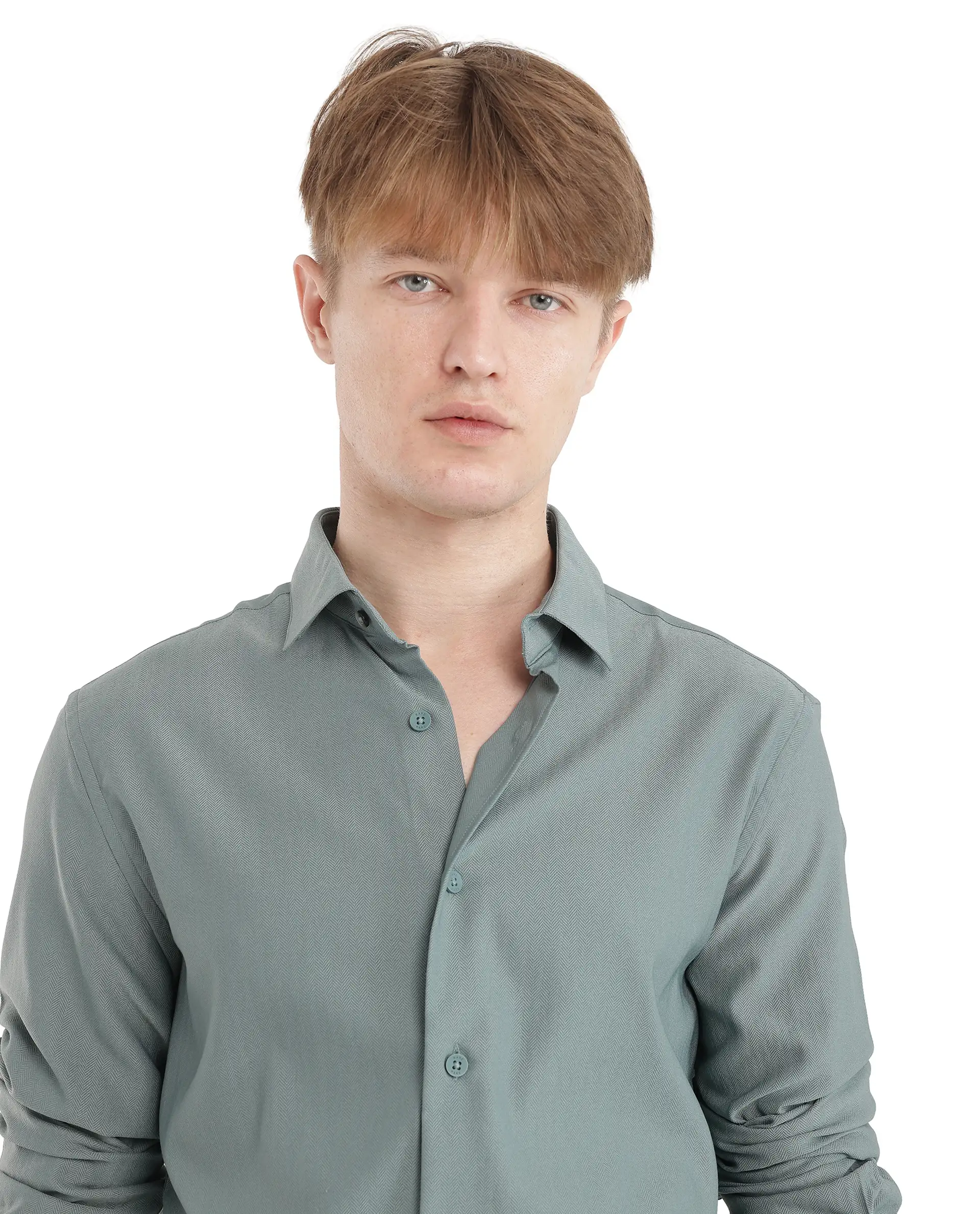 Rare Rabbit Men's Mer-25 Dusky Green Viscose Blend Textured Regular Fit Full Sleeve Collared Shirt - Image 3