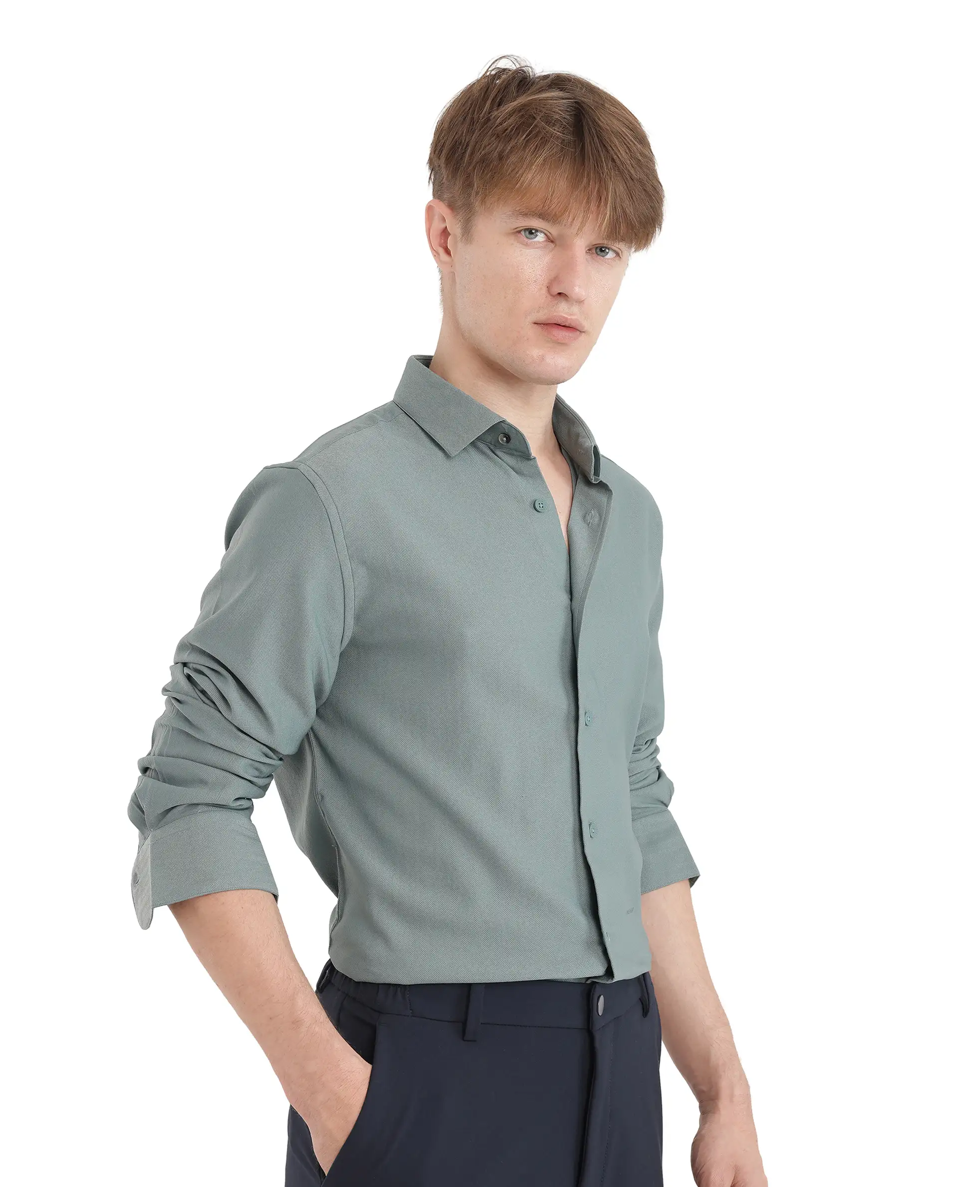 Rare Rabbit Men's Mer-25 Dusky Green Viscose Blend Textured Regular Fit Full Sleeve Collared Shirt - Image 6