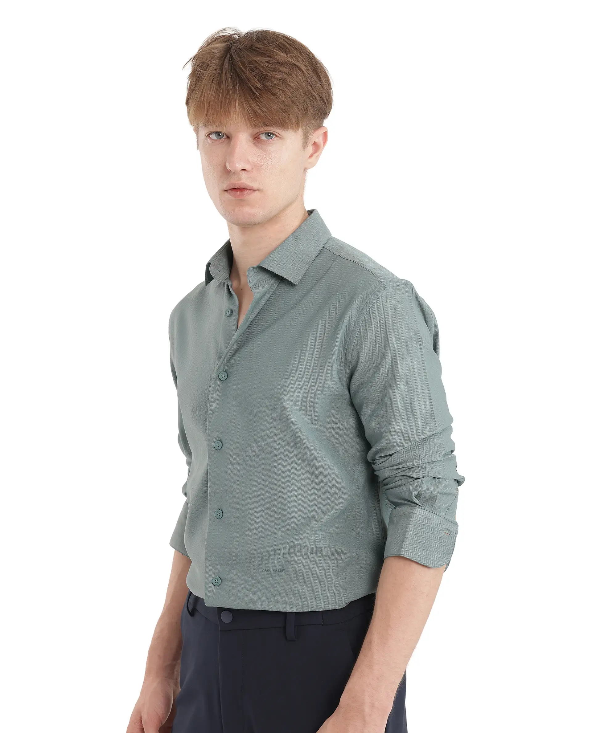 Rare Rabbit Men's Mer-25 Dusky Green Viscose Blend Textured Regular Fit Full Sleeve Collared Shirt - Image 7