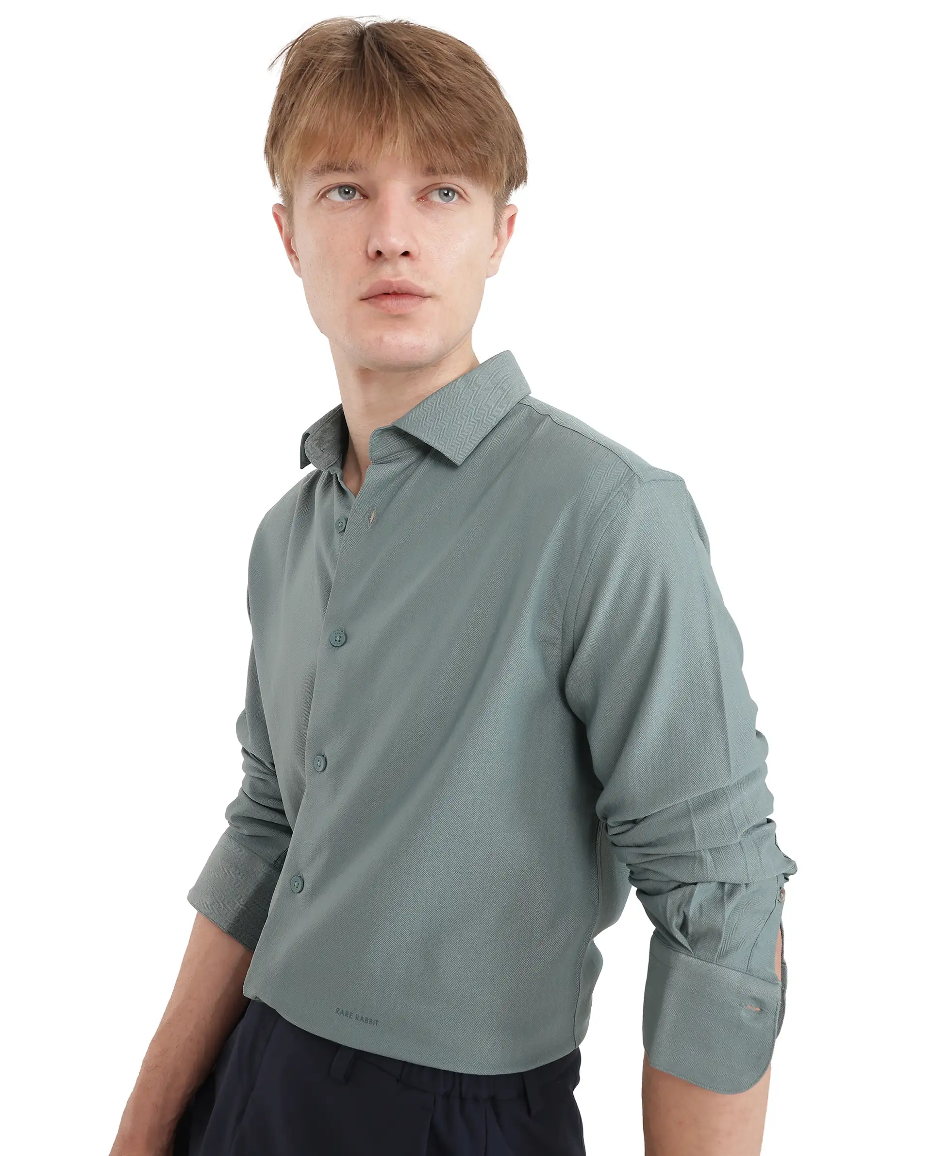 Rare Rabbit Men's Mer-25 Dusky Green Viscose Blend Textured Regular Fit Full Sleeve Collared Shirt - Image 8