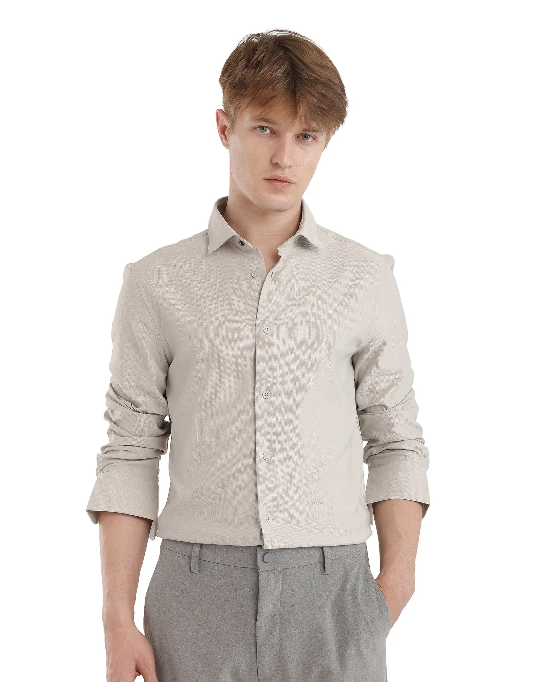 Rare Rabbit Men's Mer-25 Light Grey Viscose Blend Textured Regular Fit Full Sleeve Collared Shirt - Image 2