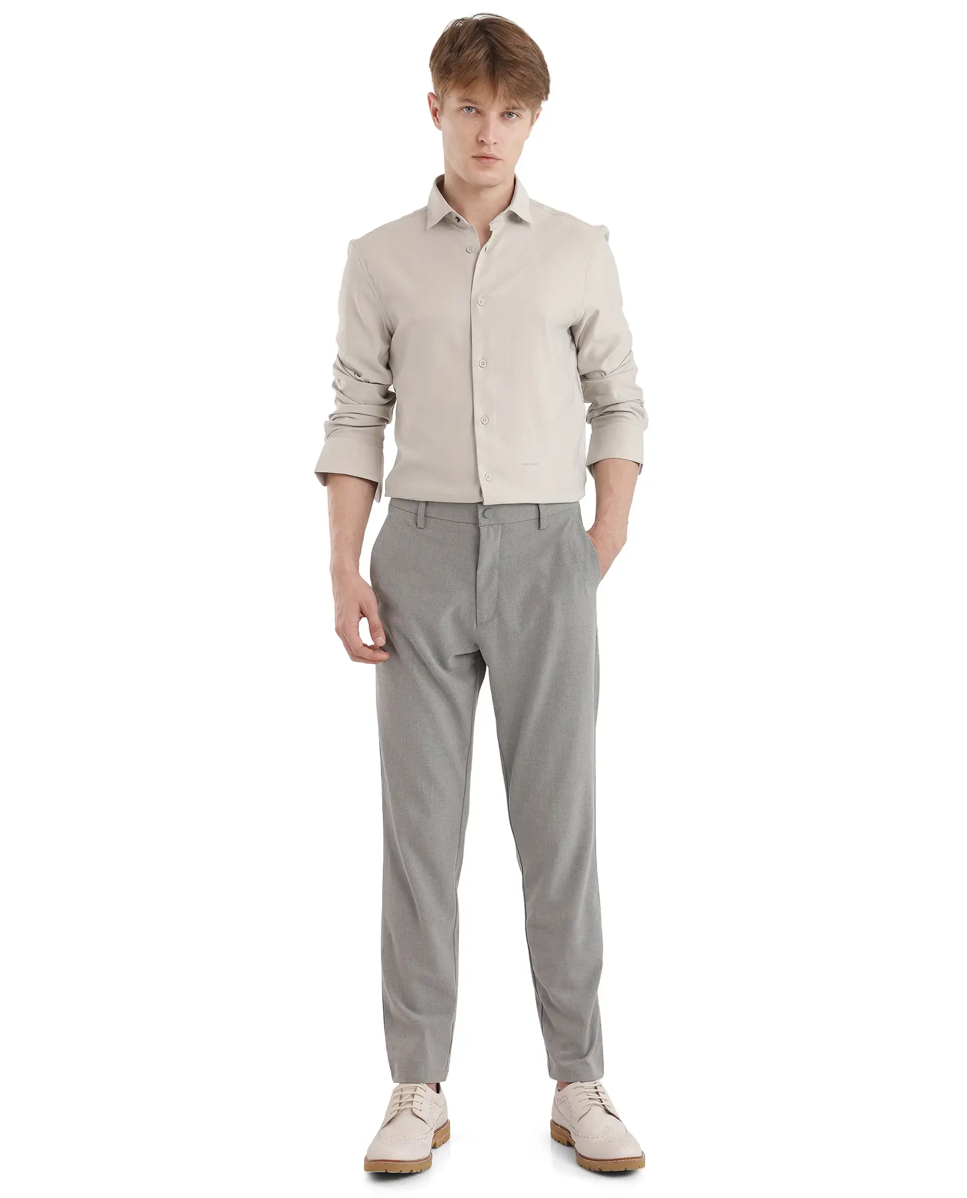Rare Rabbit Men's Mer-25 Light Grey Viscose Blend Textured Regular Fit Full Sleeve Collared Shirt - Image 3