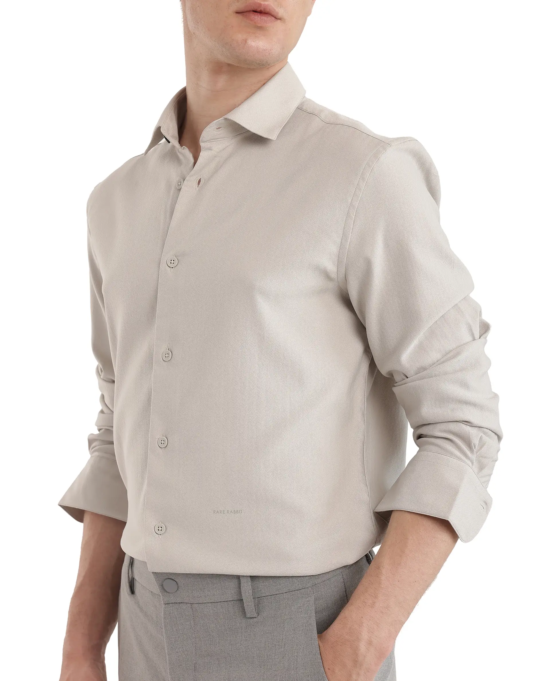 Rare Rabbit Men's Mer-25 Light Grey Viscose Blend Textured Regular Fit Full Sleeve Collared Shirt - Image 5