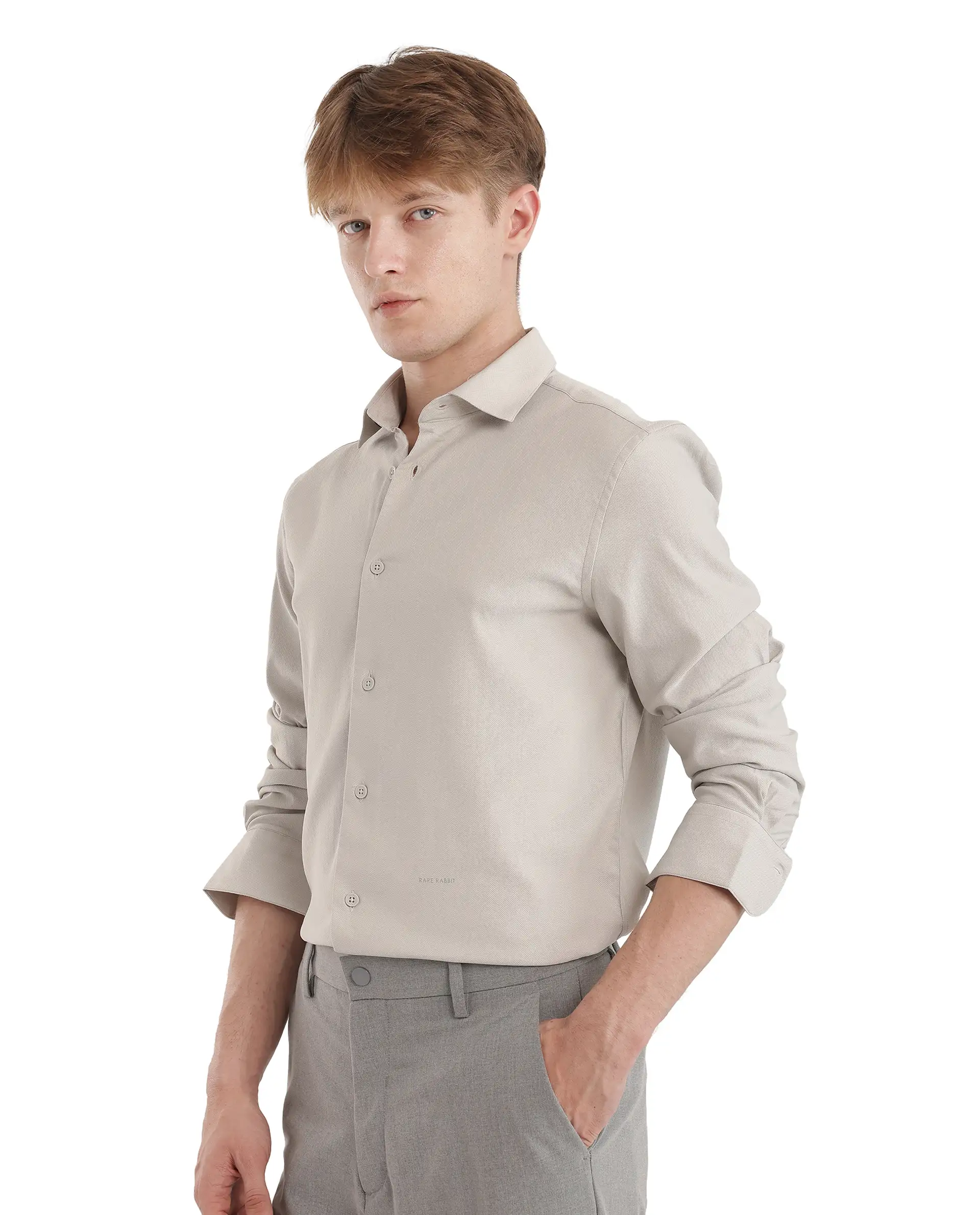 Rare Rabbit Men's Mer-25 Light Grey Viscose Blend Textured Regular Fit Full Sleeve Collared Shirt - Image 8