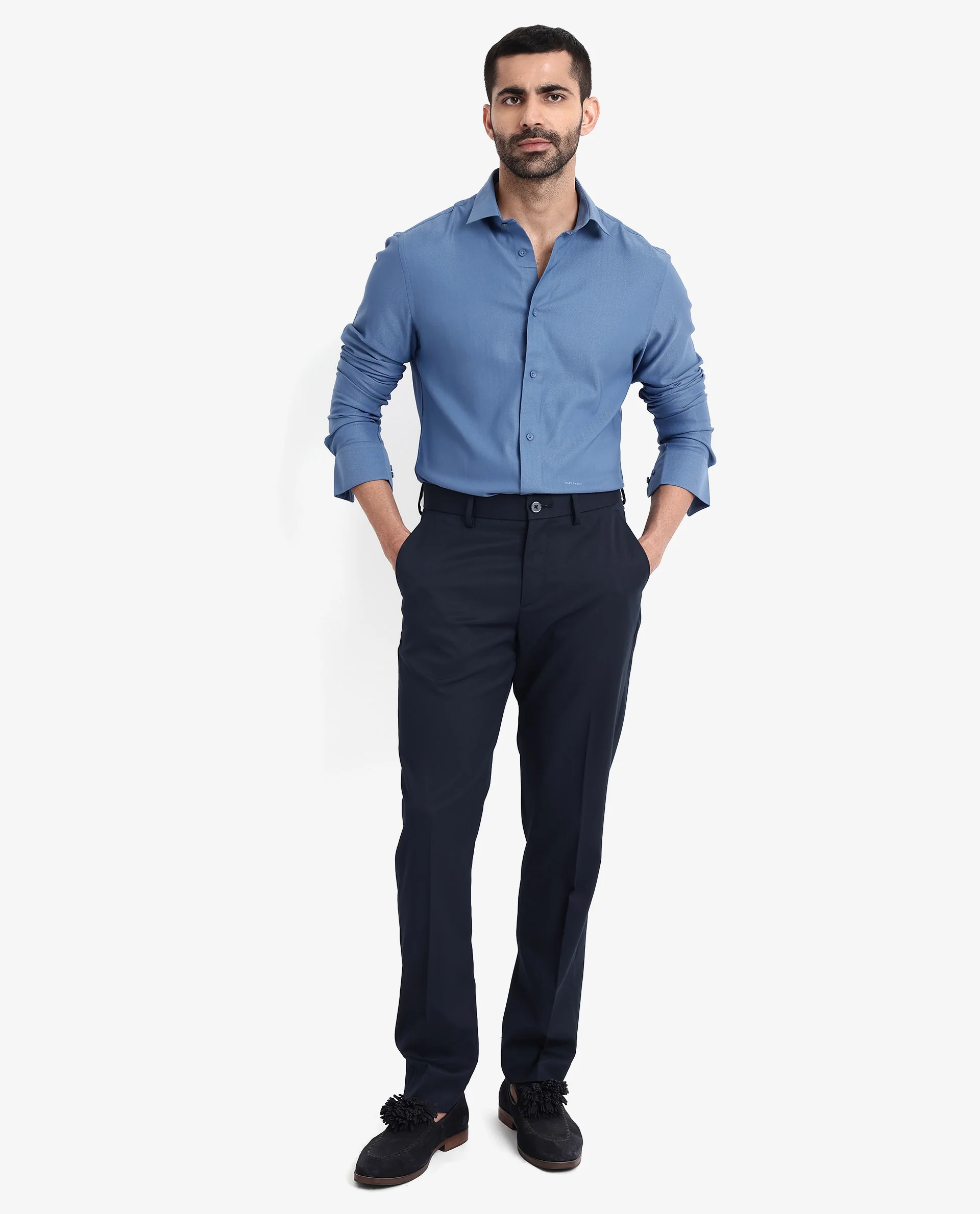 Rare Rabbit Men's Mer Blue Viscose Plain Regular Fit Full Sleeve Collared Shirt - Image 2