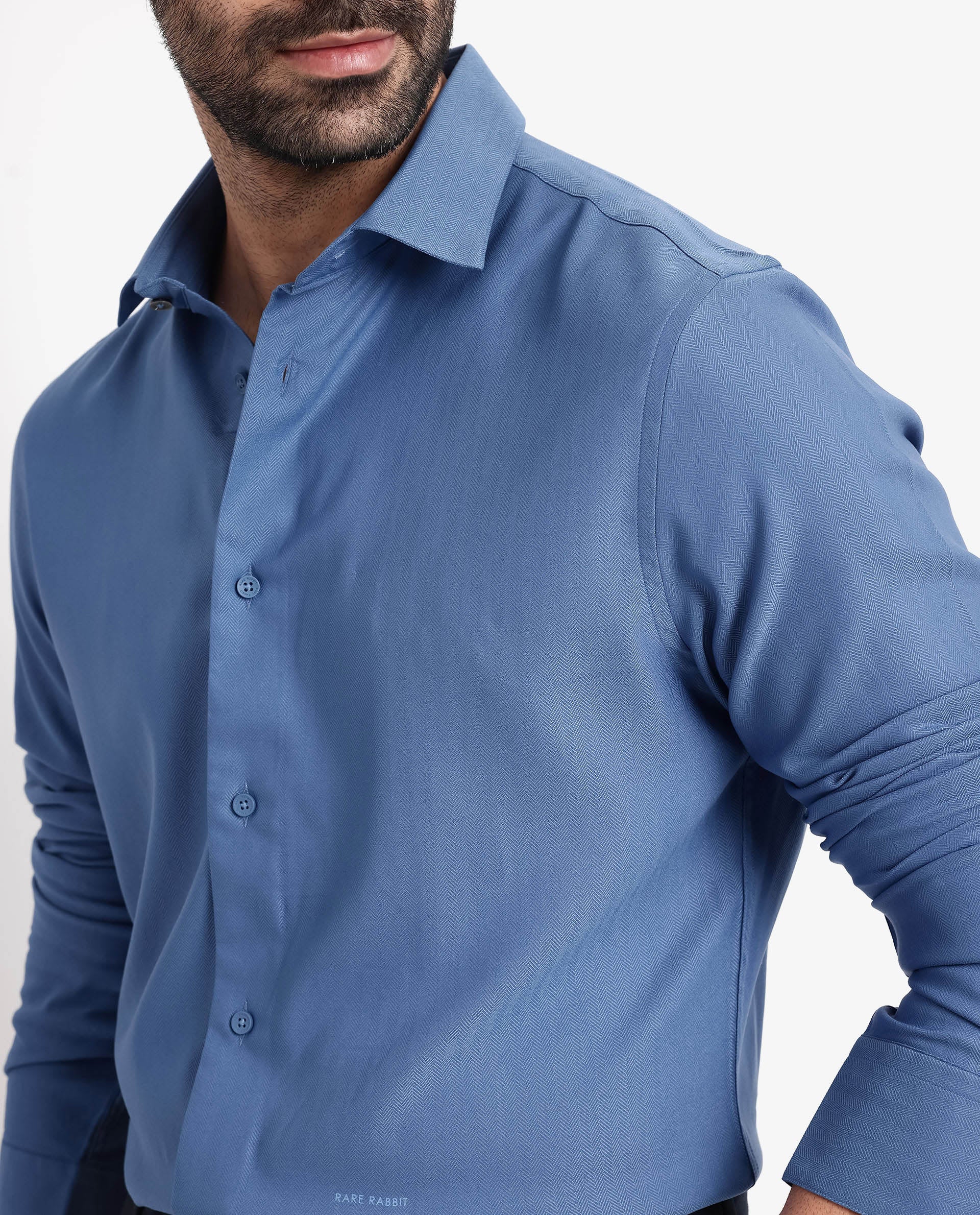 Rare Rabbit Men's Mer Blue Viscose Plain Regular Fit Full Sleeve Collared Shirt - Image 3