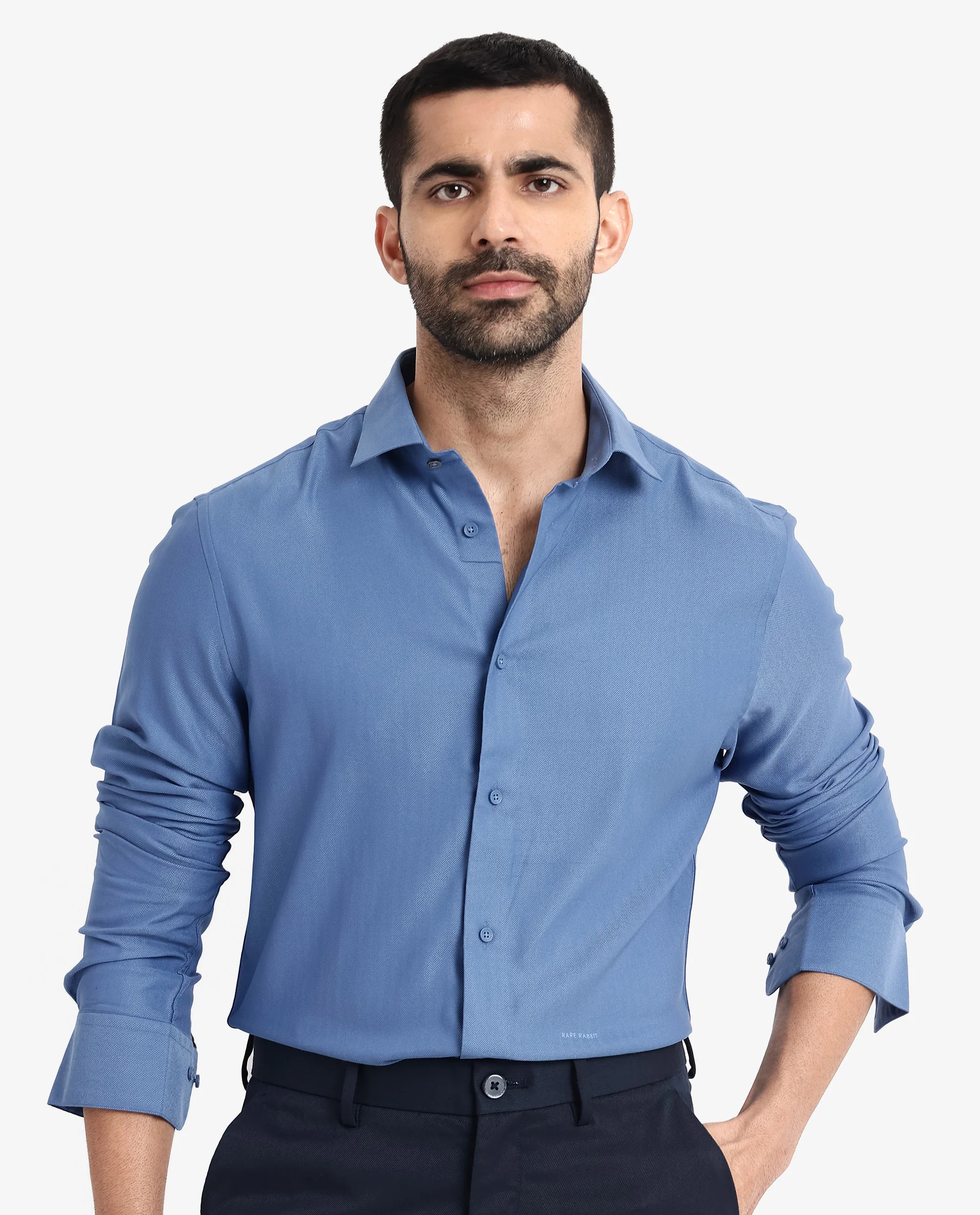 Rare Rabbit Men's Mer Blue Viscose Plain Regular Fit Full Sleeve Collared Shirt - Image 4