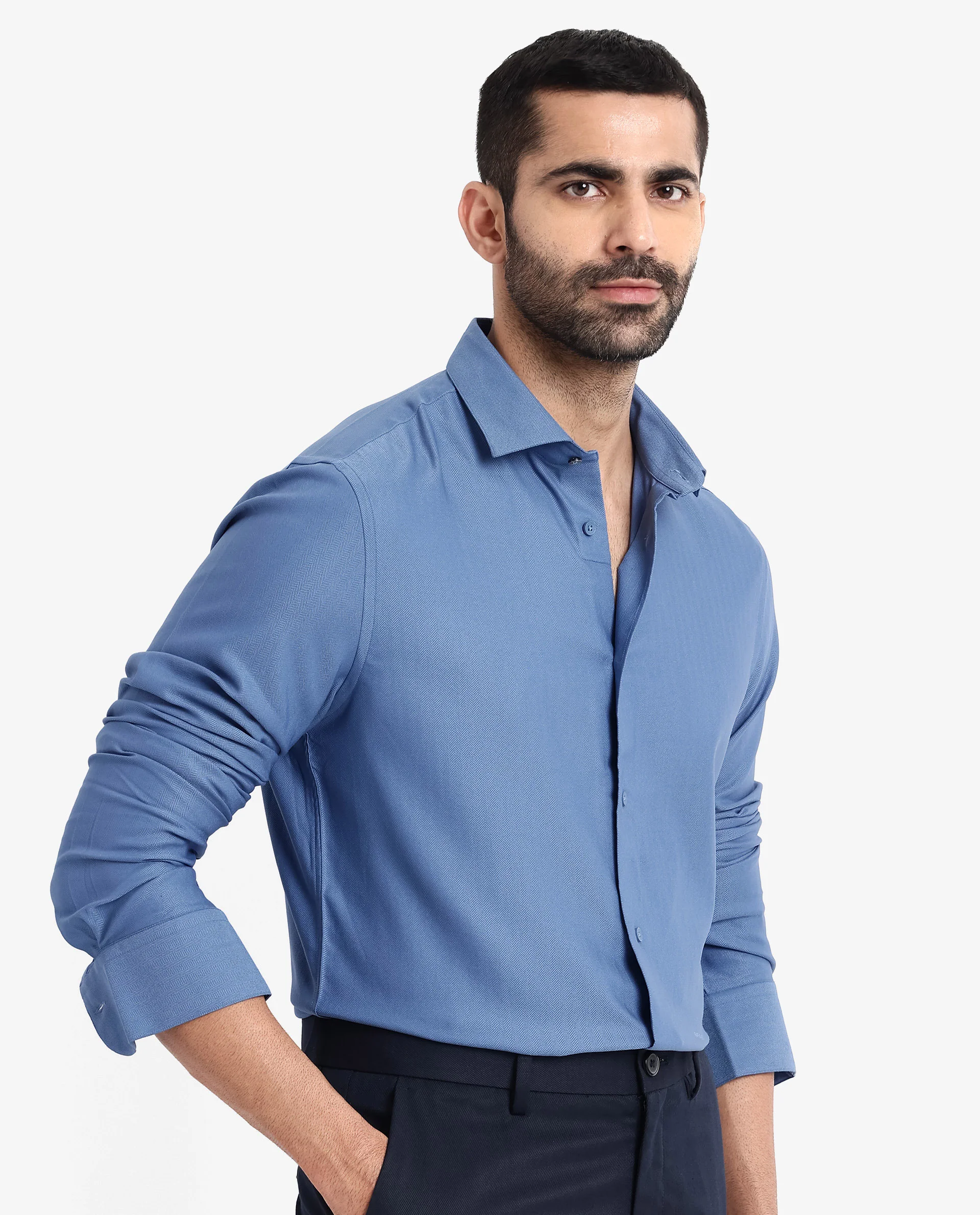 Rare Rabbit Men's Mer Blue Viscose Plain Regular Fit Full Sleeve Collared Shirt - Image 5