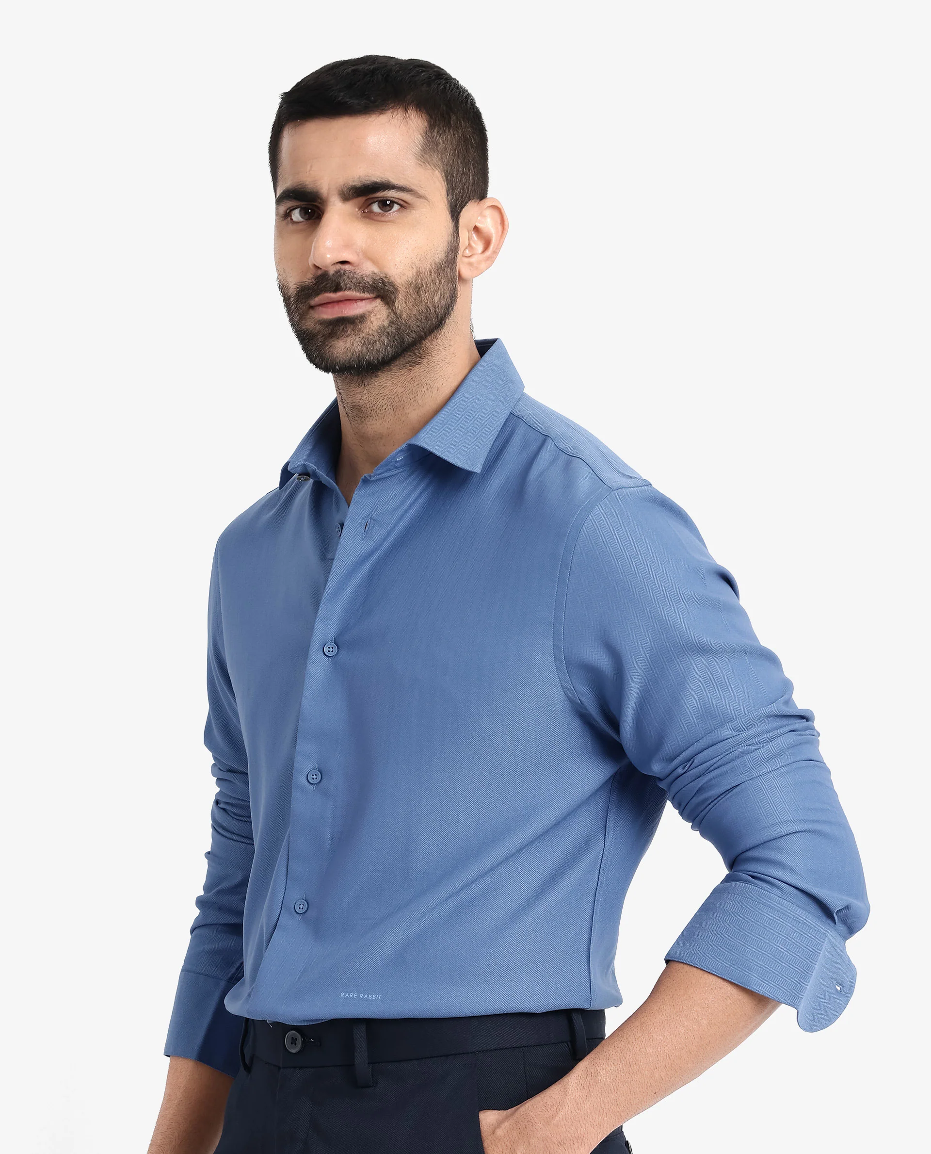 Rare Rabbit Men's Mer Blue Viscose Plain Regular Fit Full Sleeve Collared Shirt - Image 7
