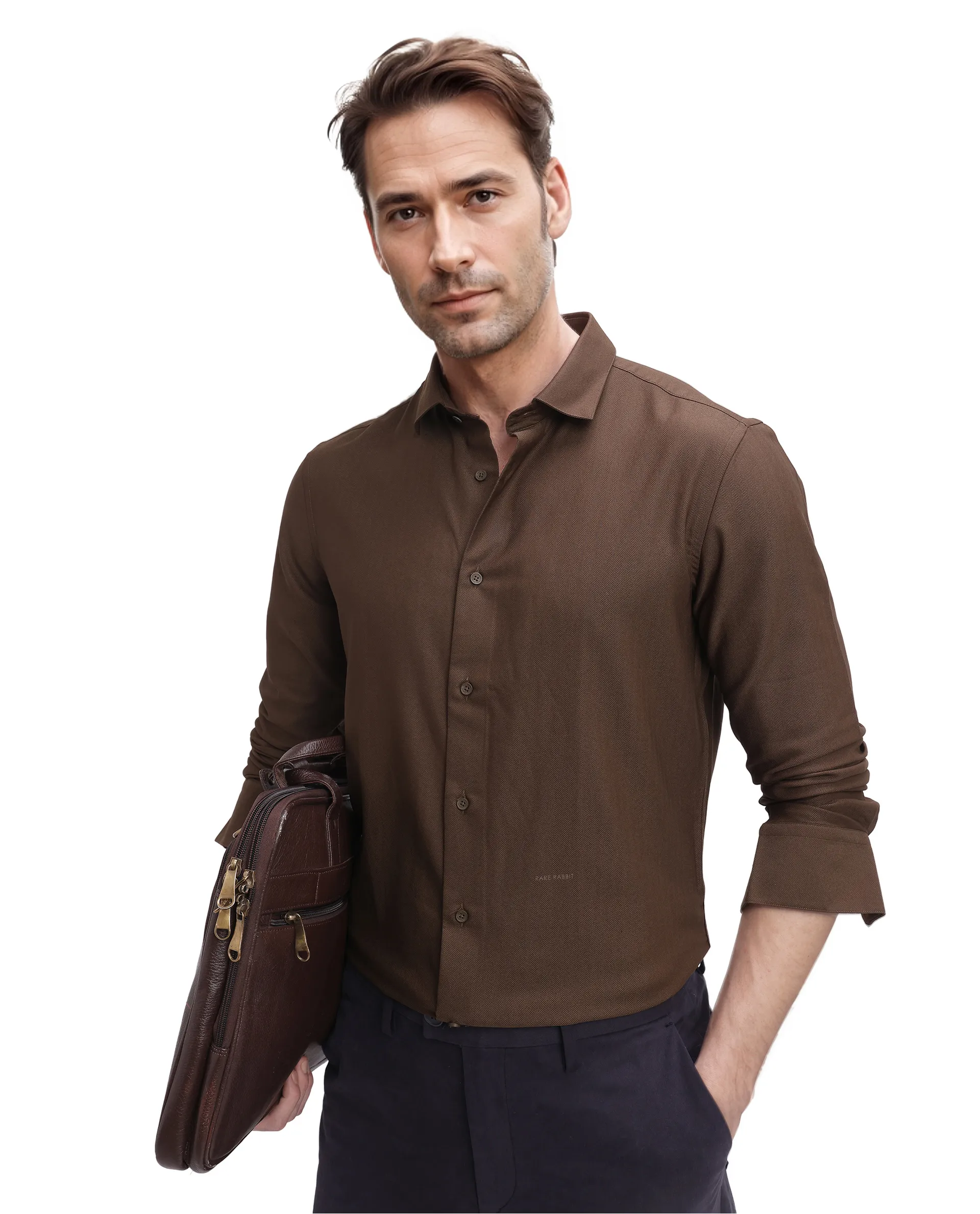 Rare Rabbit Men's Mer Dark Olive Viscose Plain Regular Fit Full Sleeve Collared Shirt - Image 4