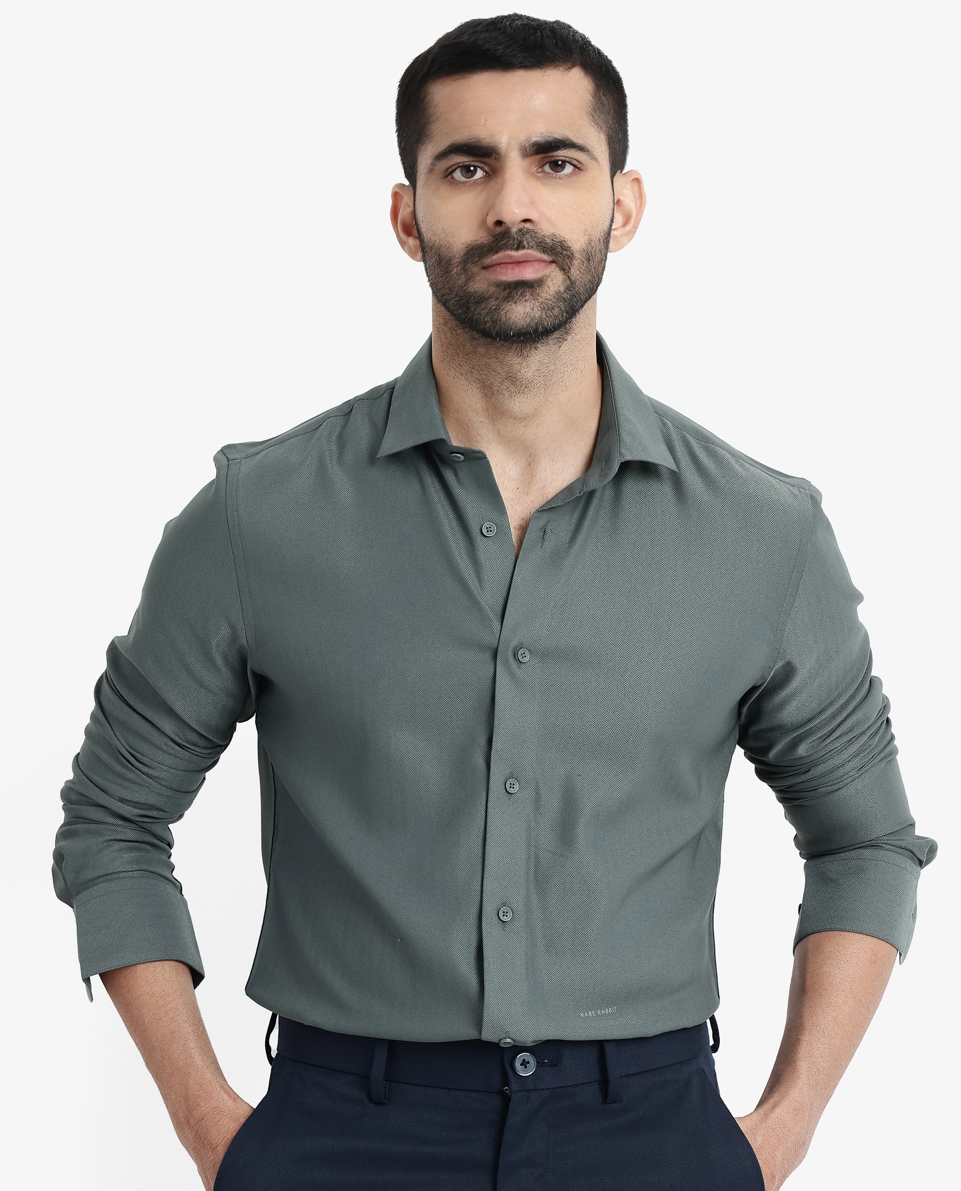 Rare Rabbit Men's Mer Dusky Green Viscose Plain Regular Fit Full Sleeve Collared Shirt - Image 4