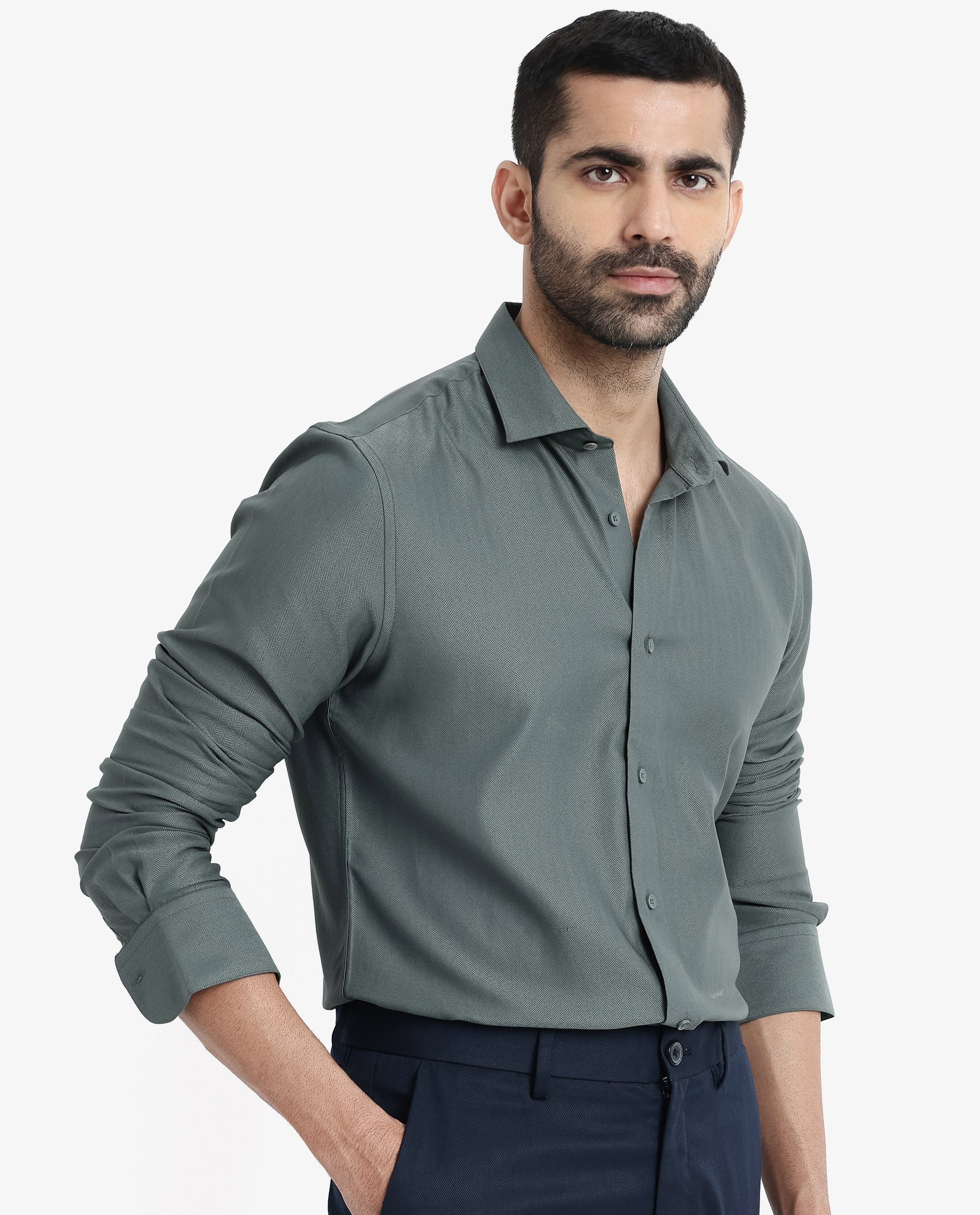 Rare Rabbit Men's Mer Dusky Green Viscose Plain Regular Fit Full Sleeve Collared Shirt - Image 6