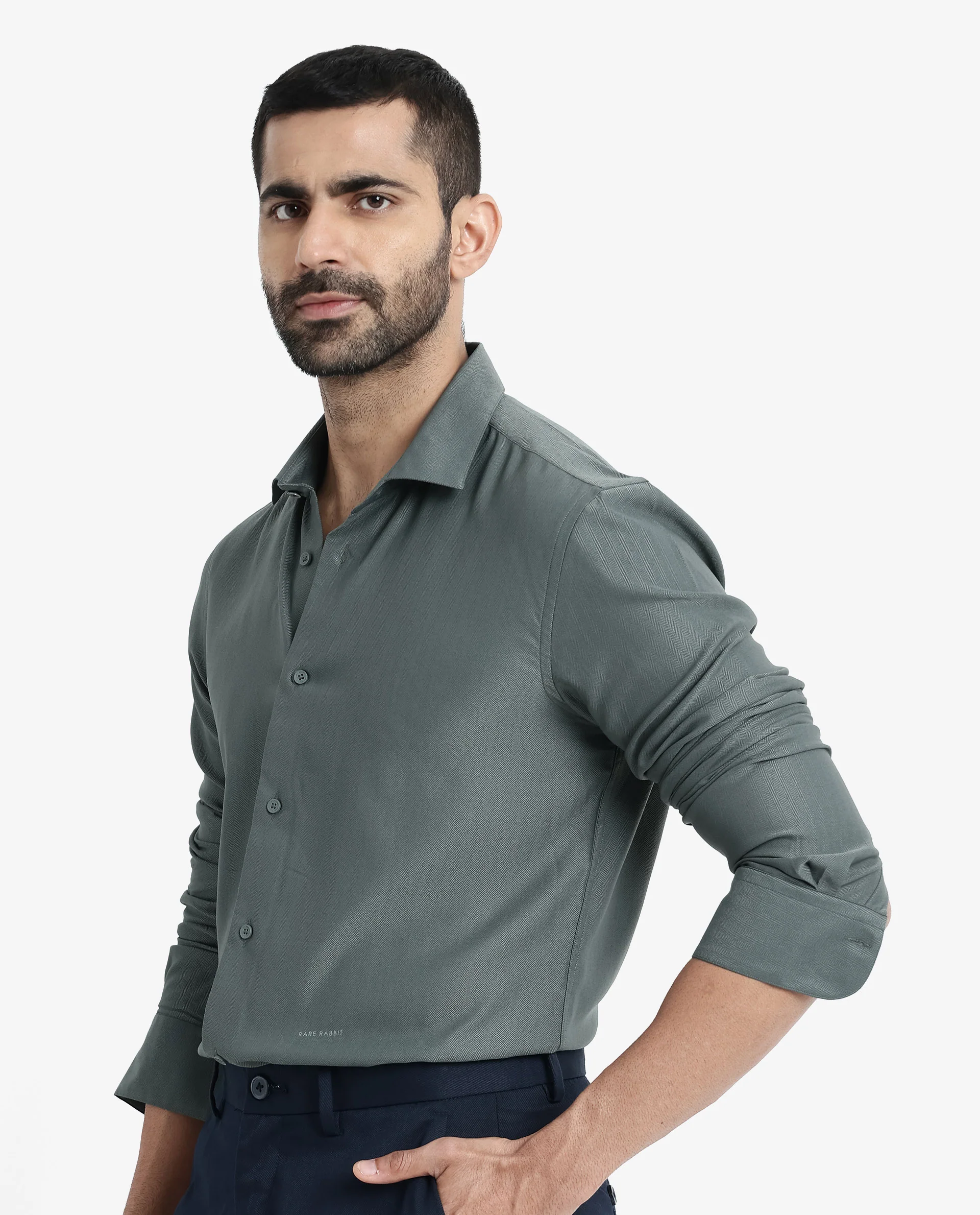 Rare Rabbit Men's Mer Dusky Green Viscose Plain Regular Fit Full Sleeve Collared Shirt - Image 8