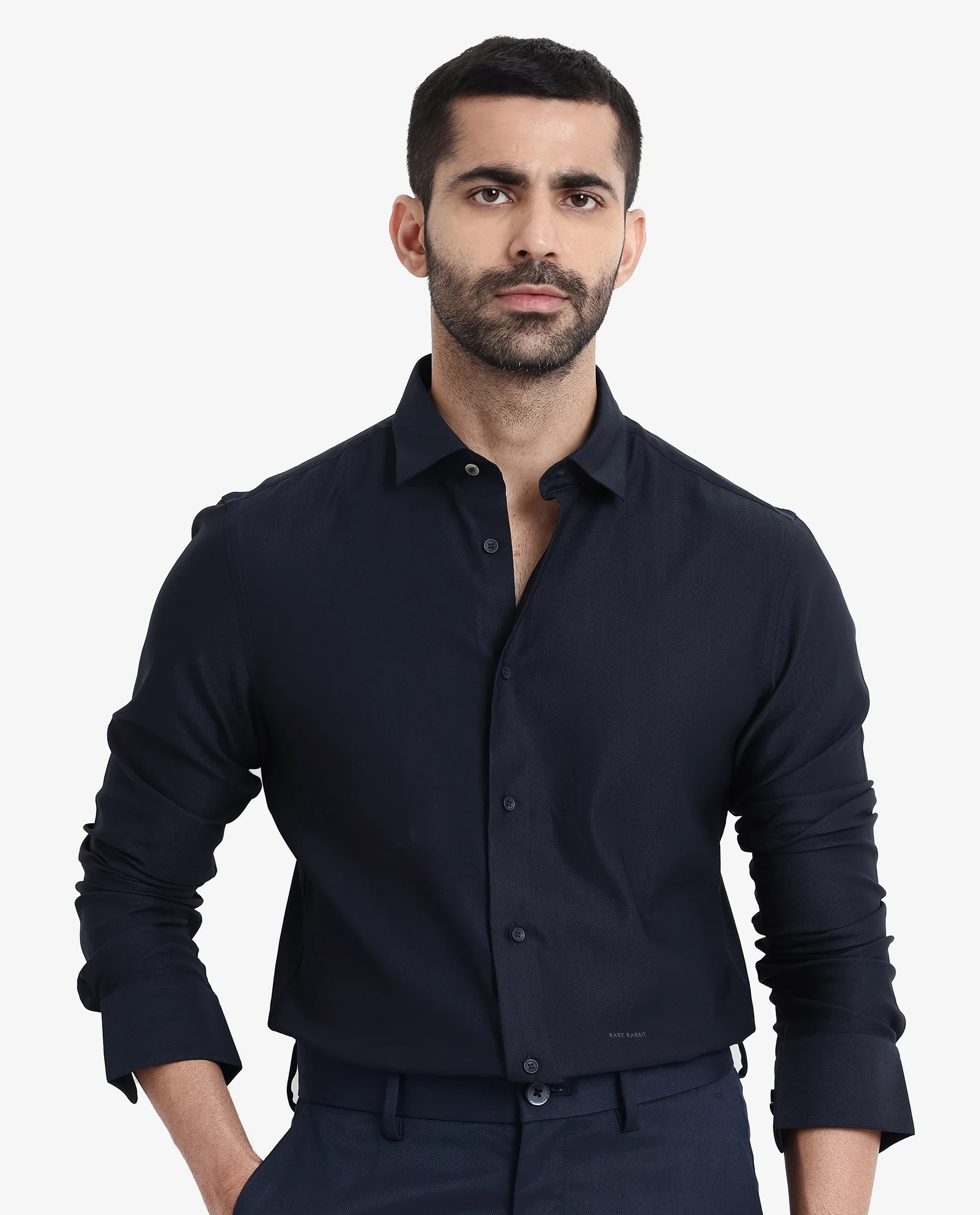 Rare Rabbit Men's Mer Navy Viscose Plain Regular Fit Full Sleeve Collared Shirt - Image 4