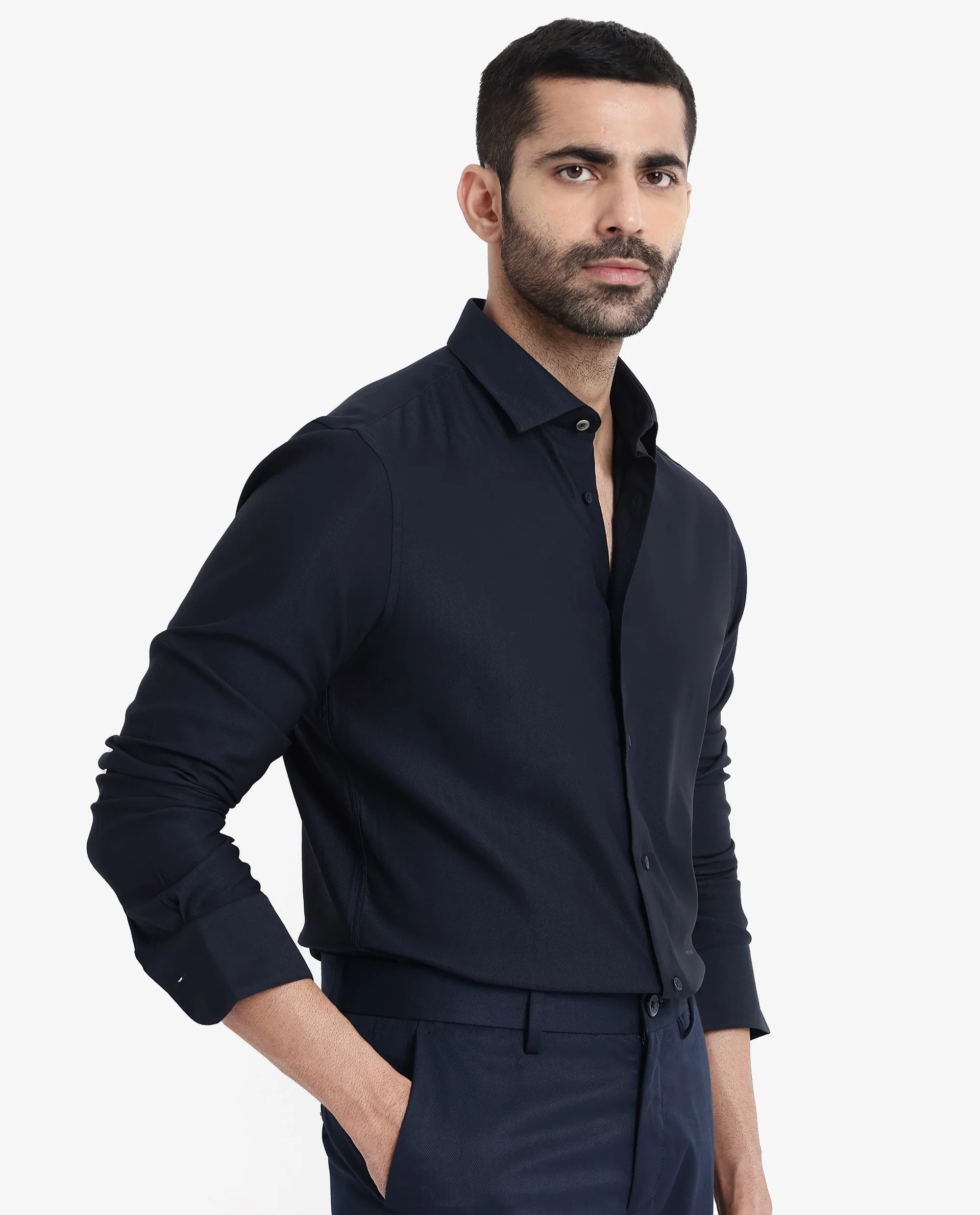 Rare Rabbit Men's Mer Navy Viscose Plain Regular Fit Full Sleeve Collared Shirt - Image 6