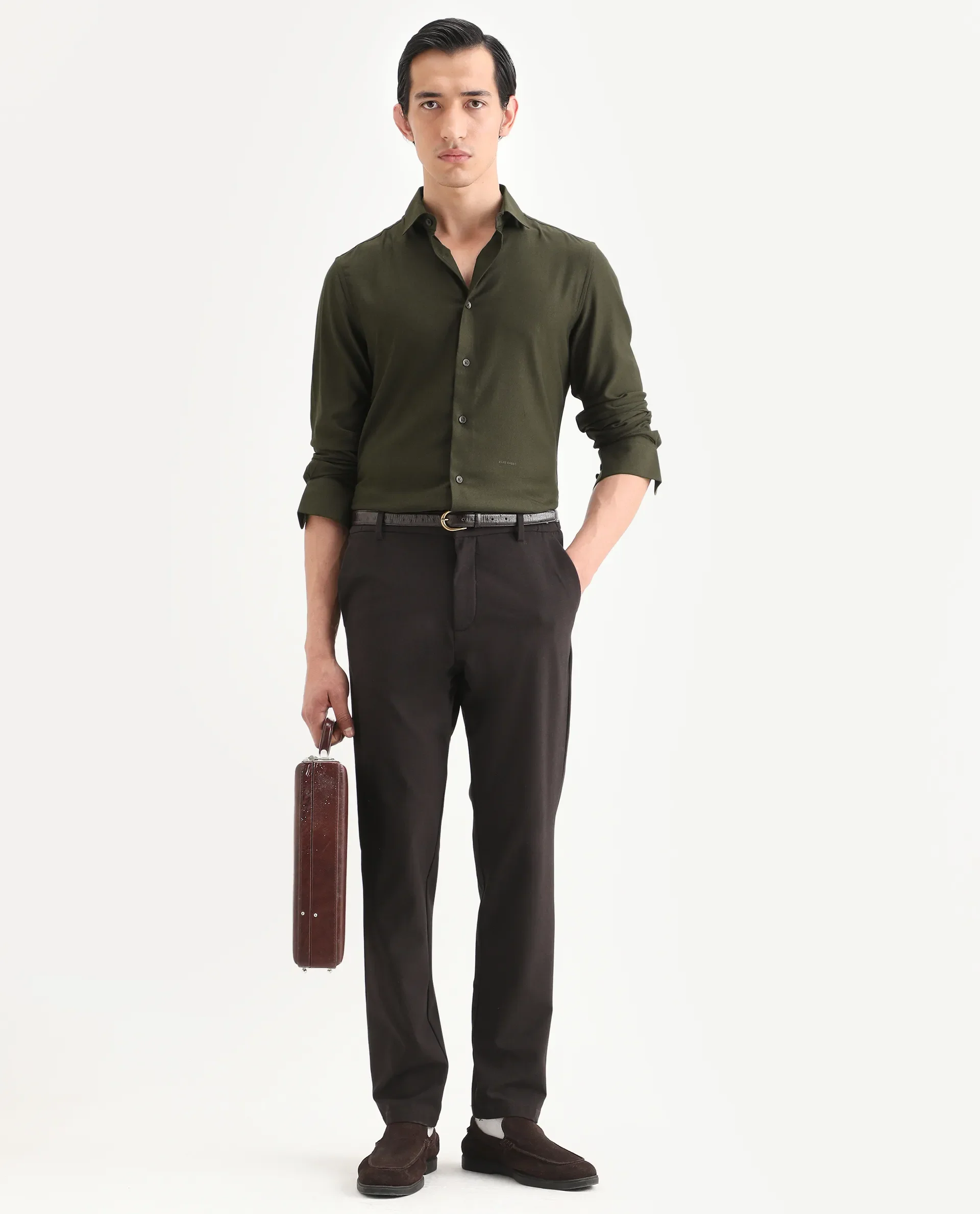 Rare Rabbit Men's Mer-Ss26 Dark Olive Viscose Blend Fabric Full Sleeve Spread Collar Regular Fit Plain Shirt - Image 2