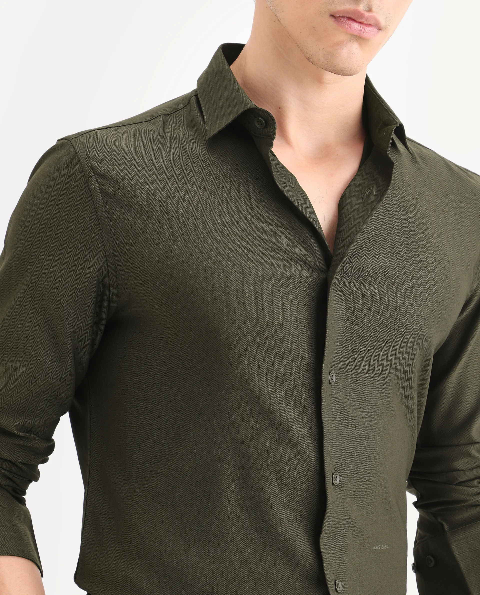 Rare Rabbit Men's Mer-Ss26 Dark Olive Viscose Blend Fabric Full Sleeve Spread Collar Regular Fit Plain Shirt - Image 3