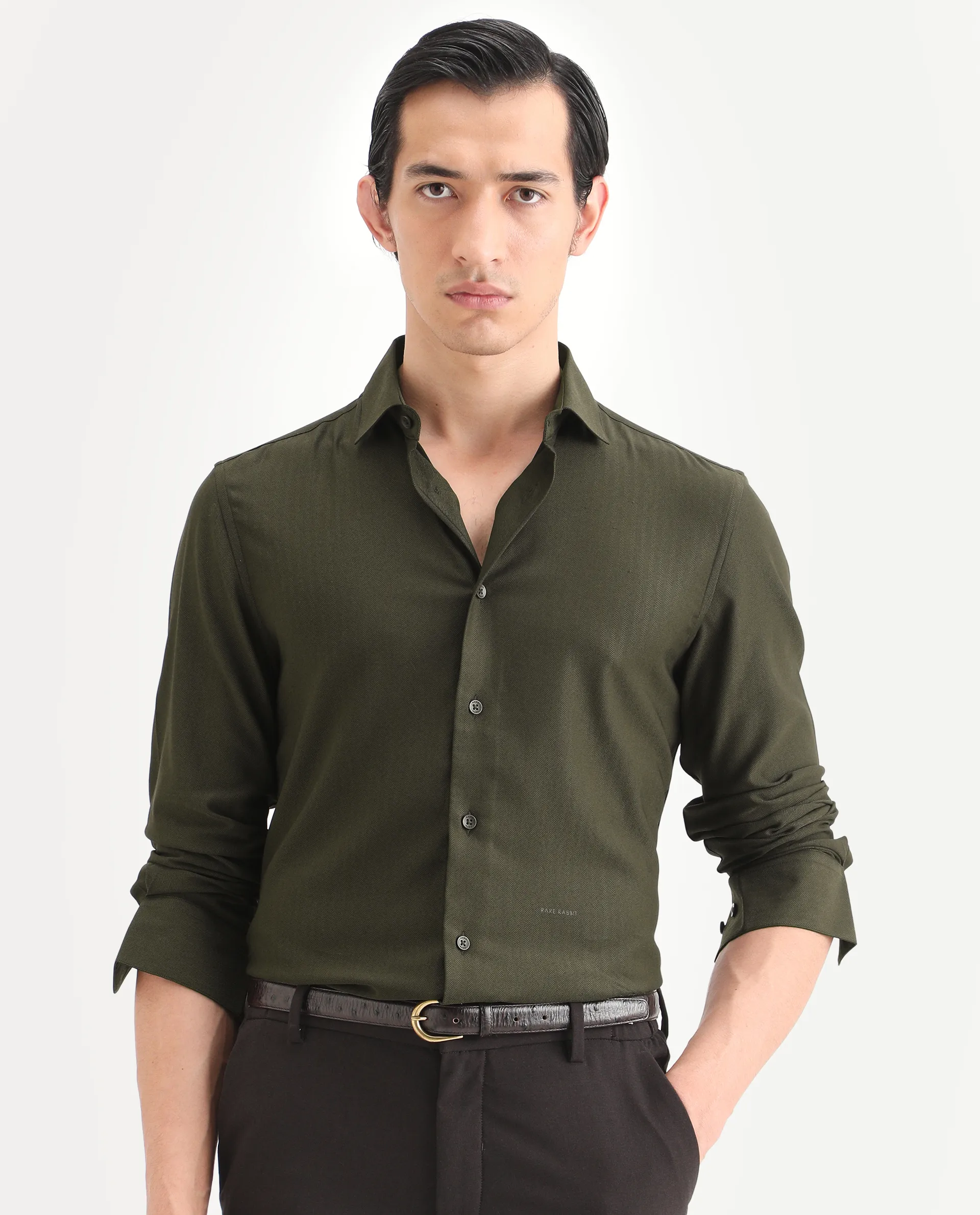 Rare Rabbit Men's Mer-Ss26 Dark Olive Viscose Blend Fabric Full Sleeve Spread Collar Regular Fit Plain Shirt - Image 4